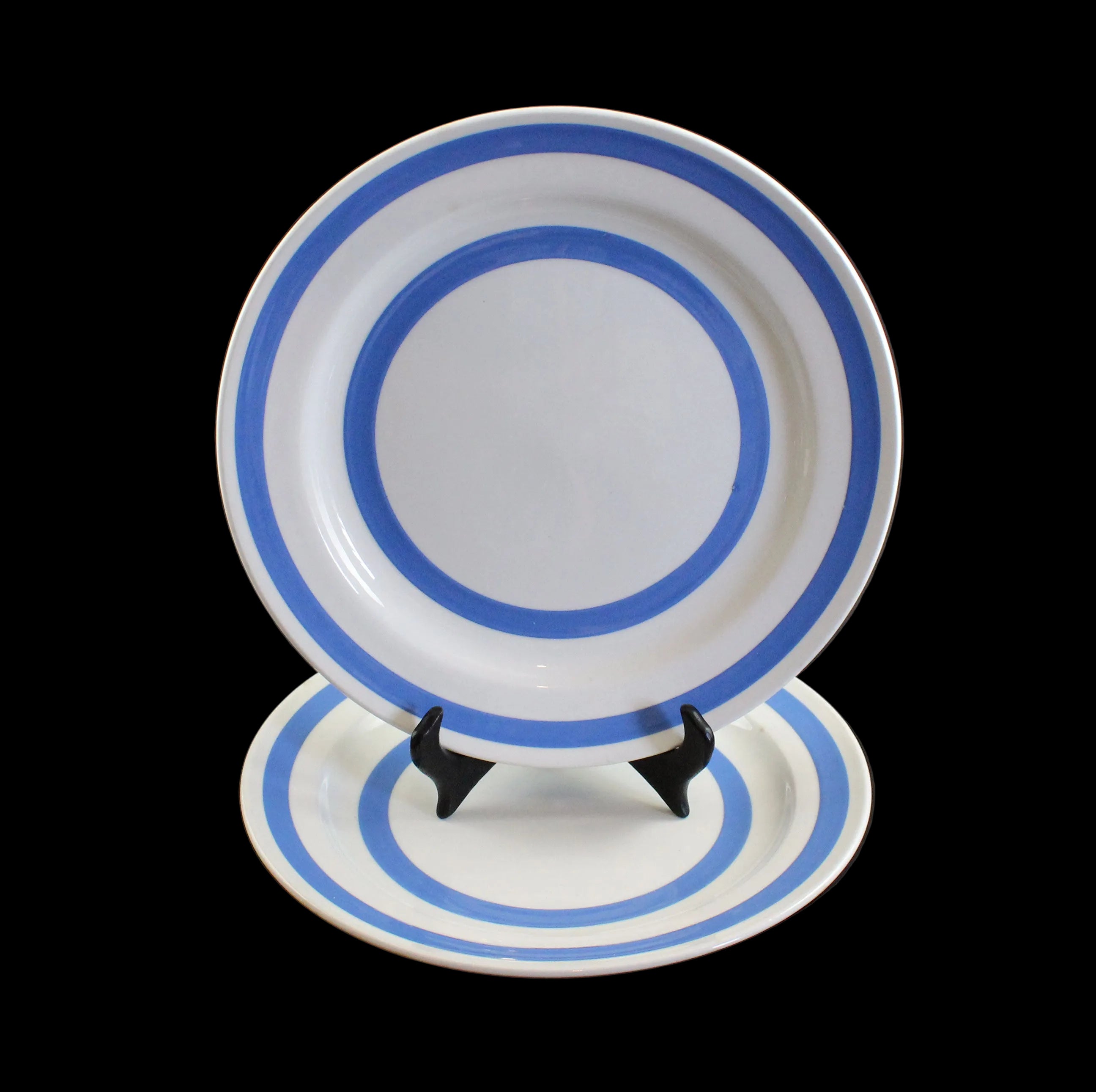 White plate with blue stripes on a black stand against a dark background
