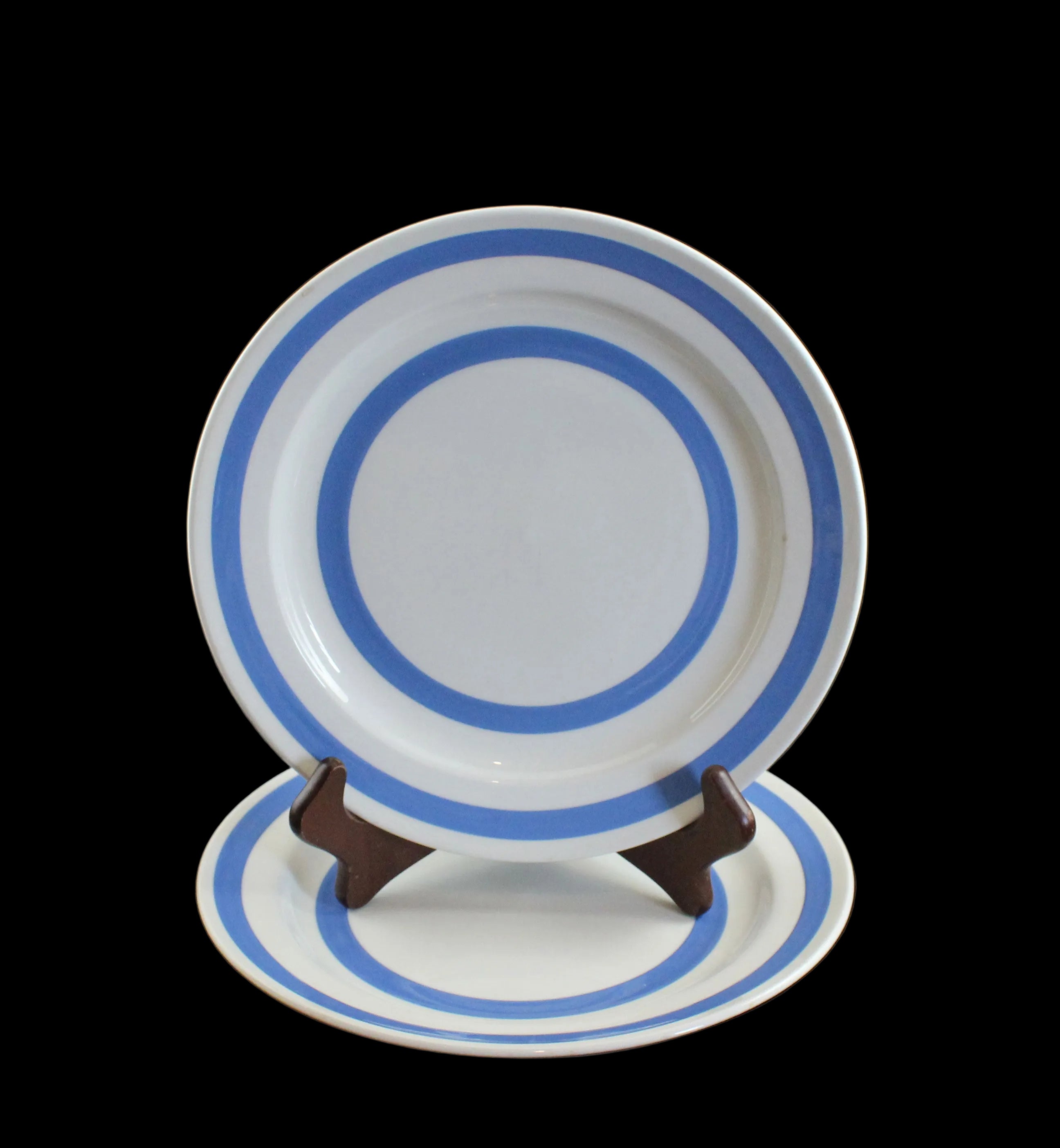 White plate with blue stripes on a black background