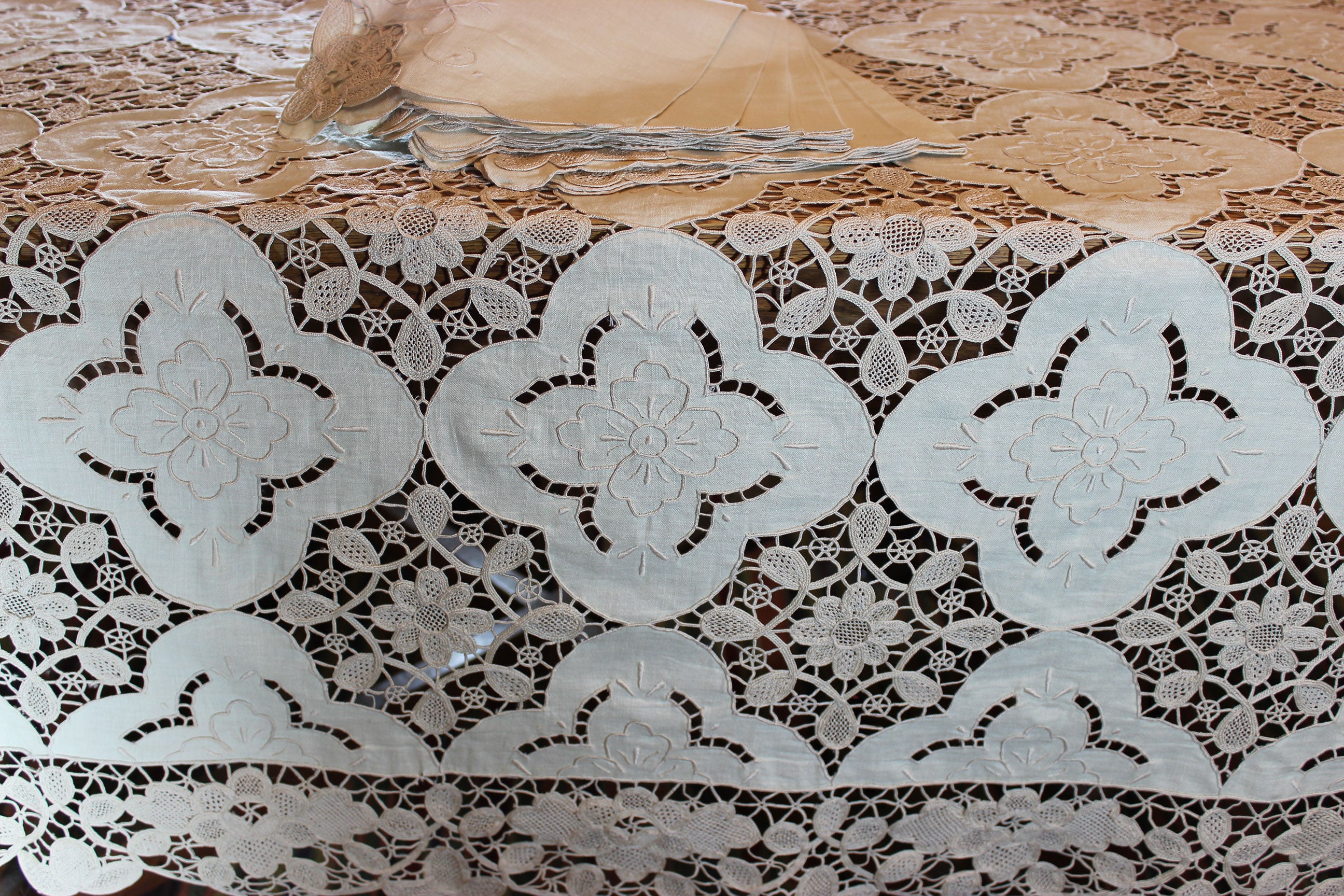 Hand Stitched Linen and Lace Tablecloth with Matching Napkins