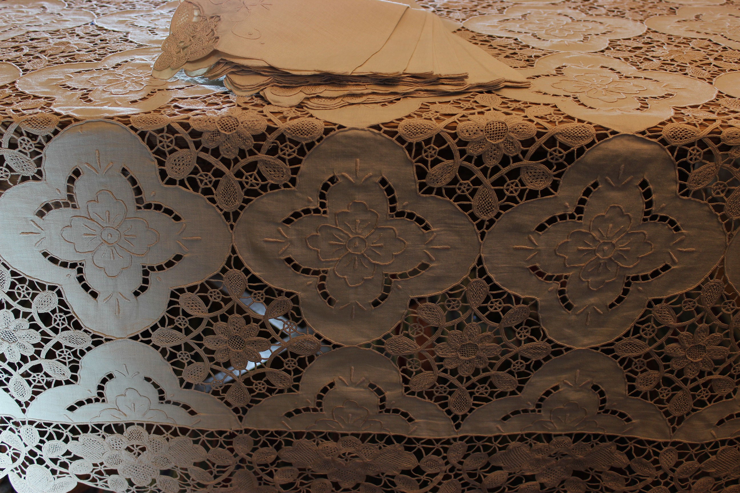 Hand Stitched Linen and Lace Tablecloth with Matching Napkins