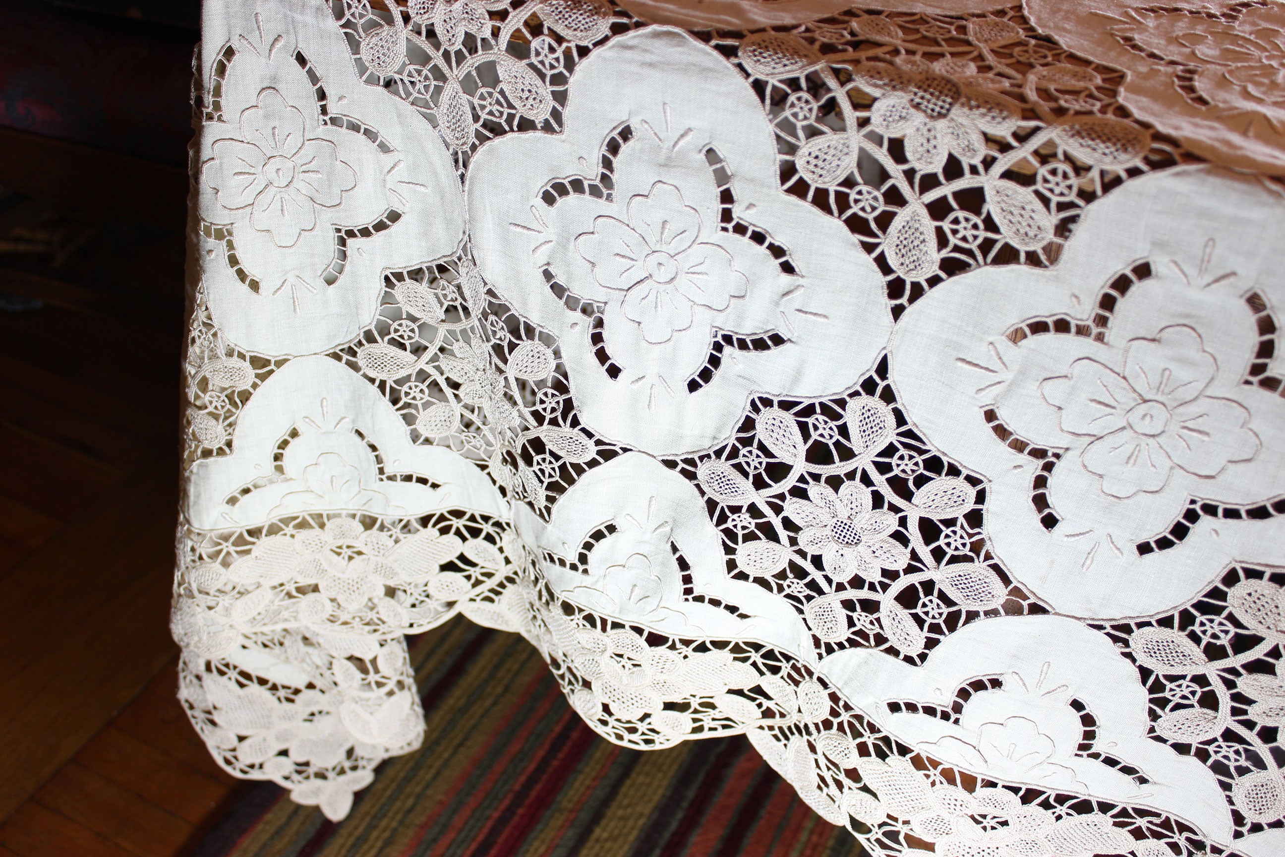 Hand Stitched Linen and Lace Tablecloth with Matching Napkins