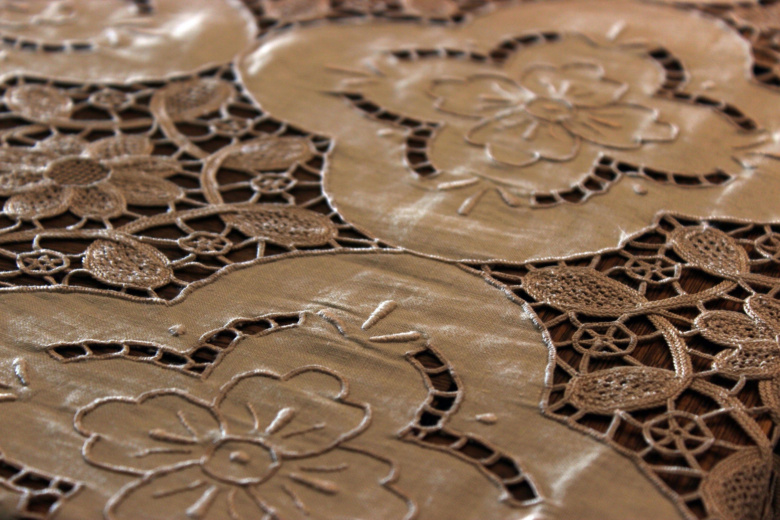 Hand Stitched Linen and Lace Tablecloth with Matching Napkins