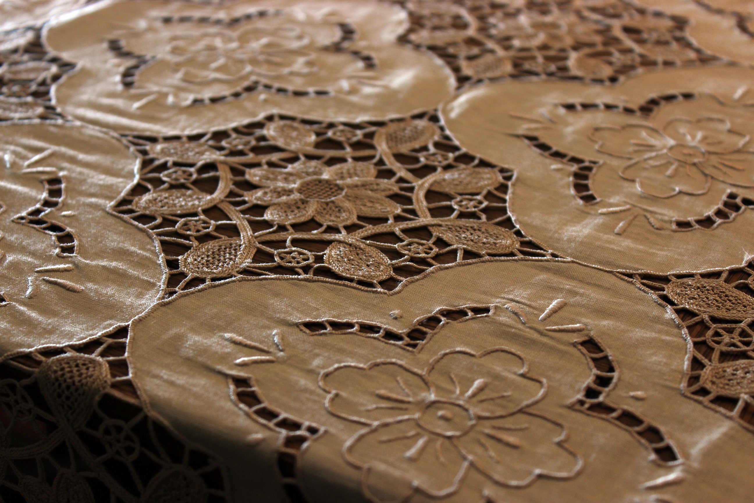 Hand Stitched Linen and Lace Tablecloth with Matching Napkins