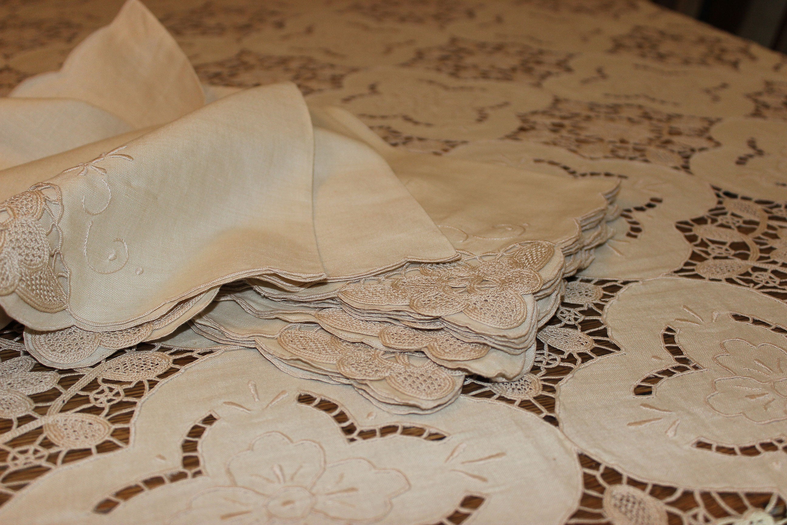 Hand Stitched Linen and Lace Tablecloth with Matching Napkins