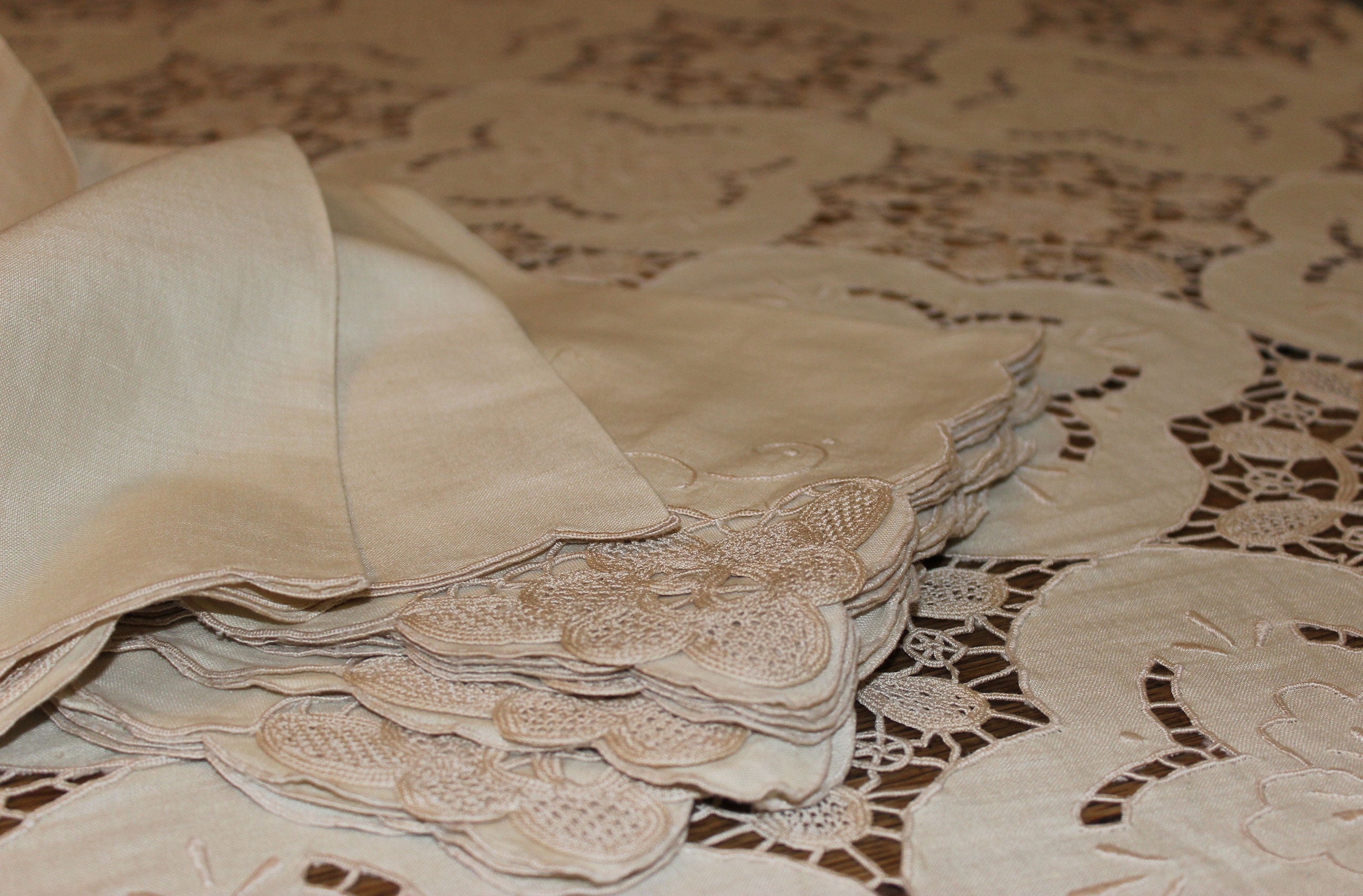 Hand Stitched Linen and Lace Tablecloth with Matching Napkins