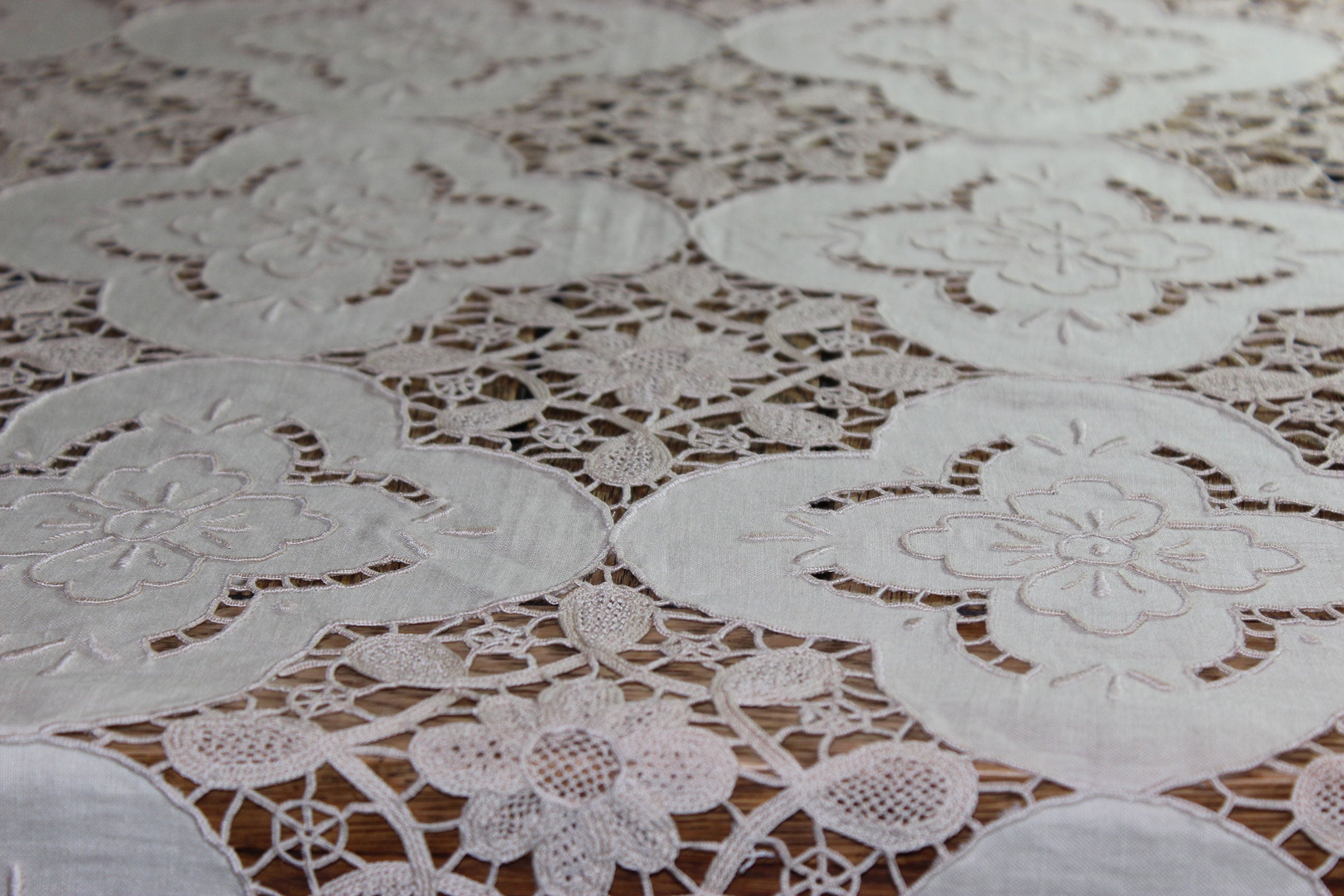 Hand Stitched Linen and Lace Tablecloth with Matching Napkins