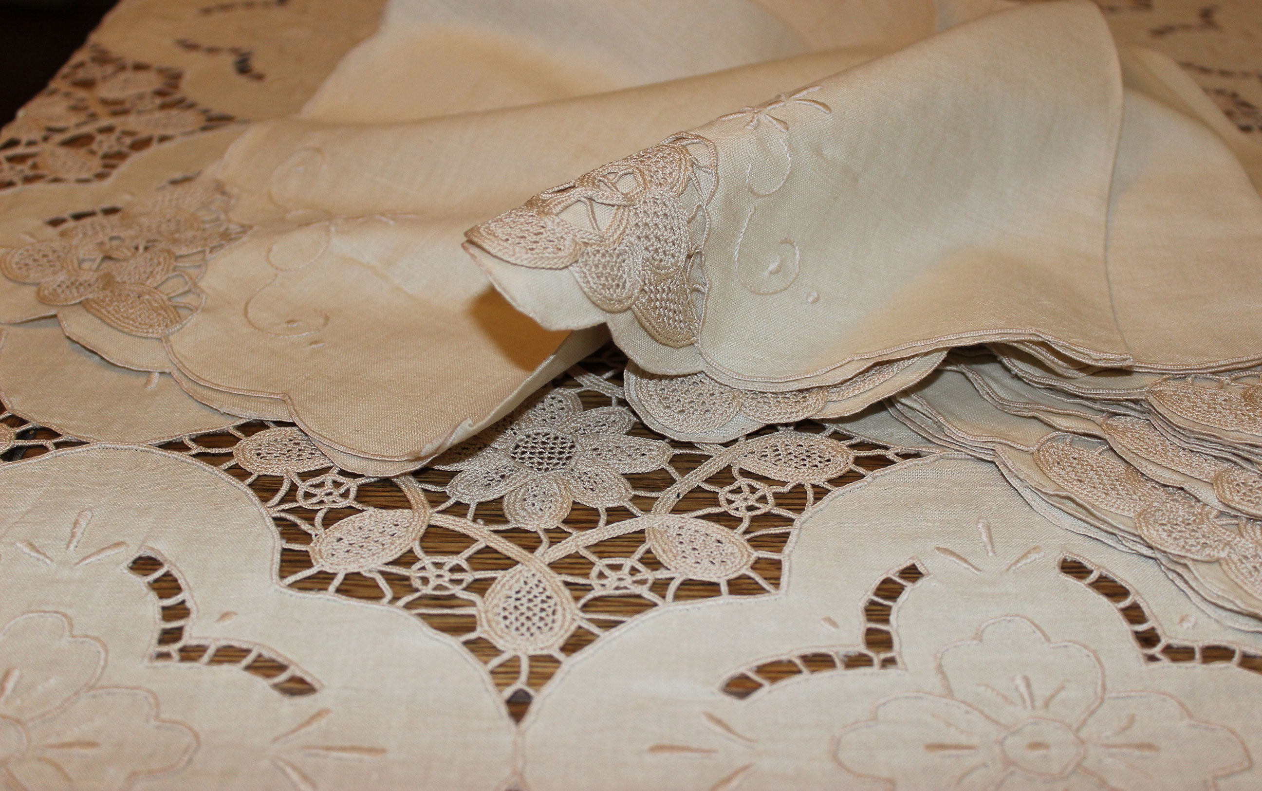 Hand Stitched Linen and Lace Tablecloth with Matching Napkins