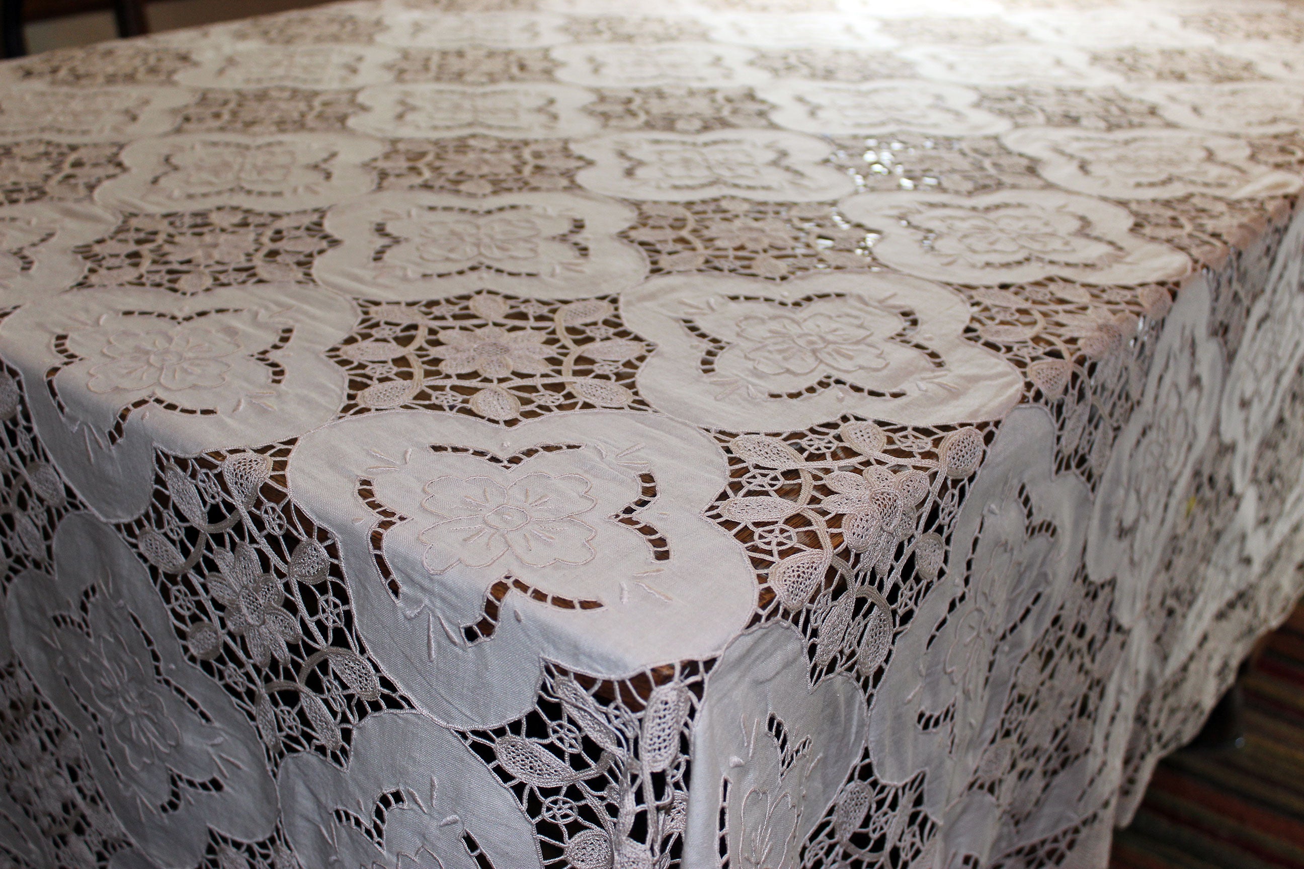 Hand Stitched Linen and Lace Tablecloth with Matching Napkins