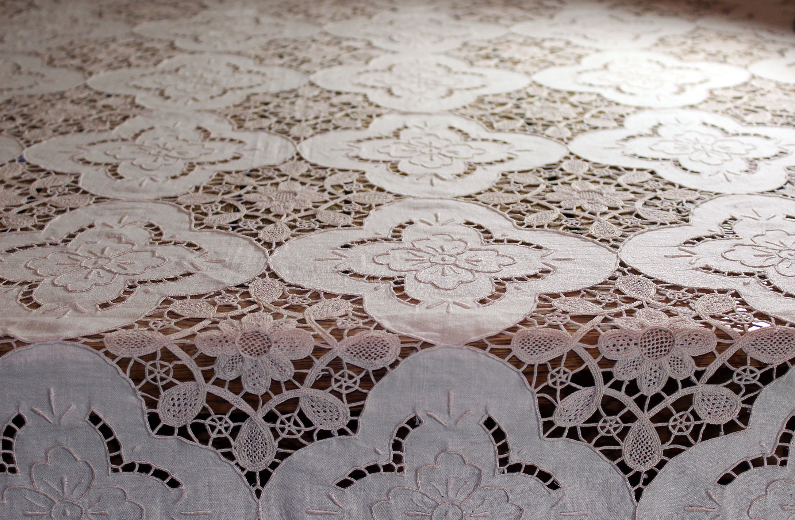 Hand Stitched Linen and Lace Tablecloth with Matching Napkins