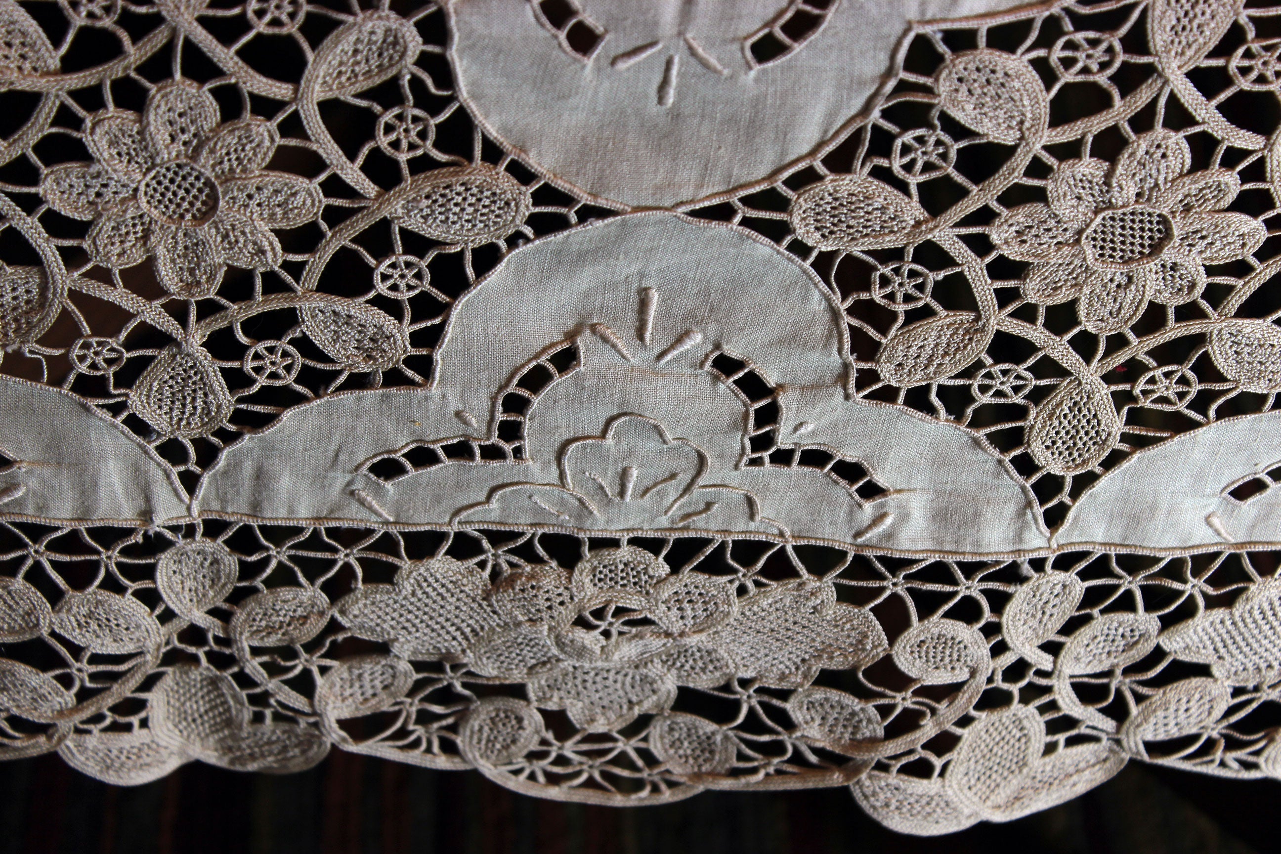 Hand Stitched Linen and Lace Tablecloth with Matching Napkins