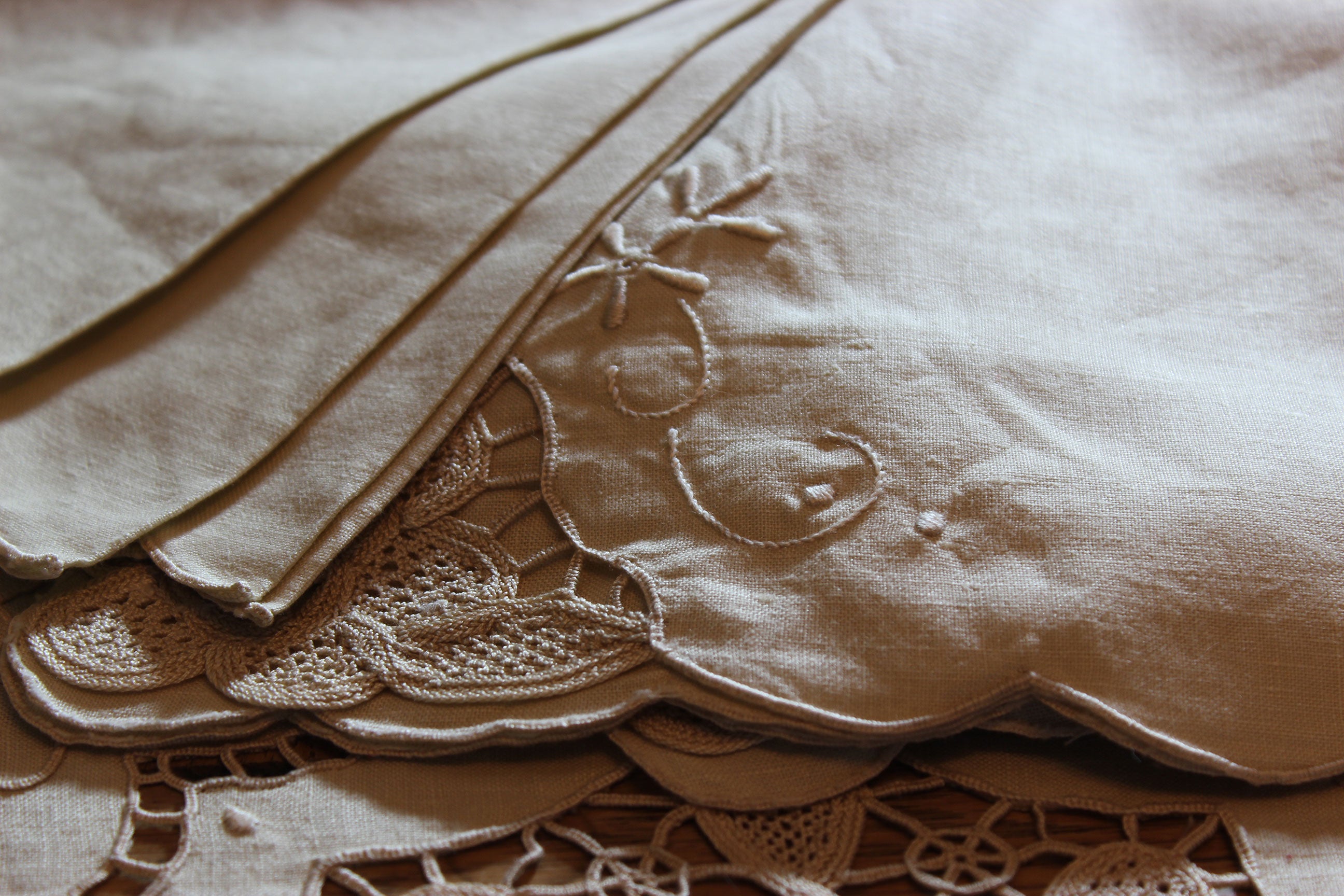 Hand Stitched Linen and Lace Tablecloth with Matching Napkins