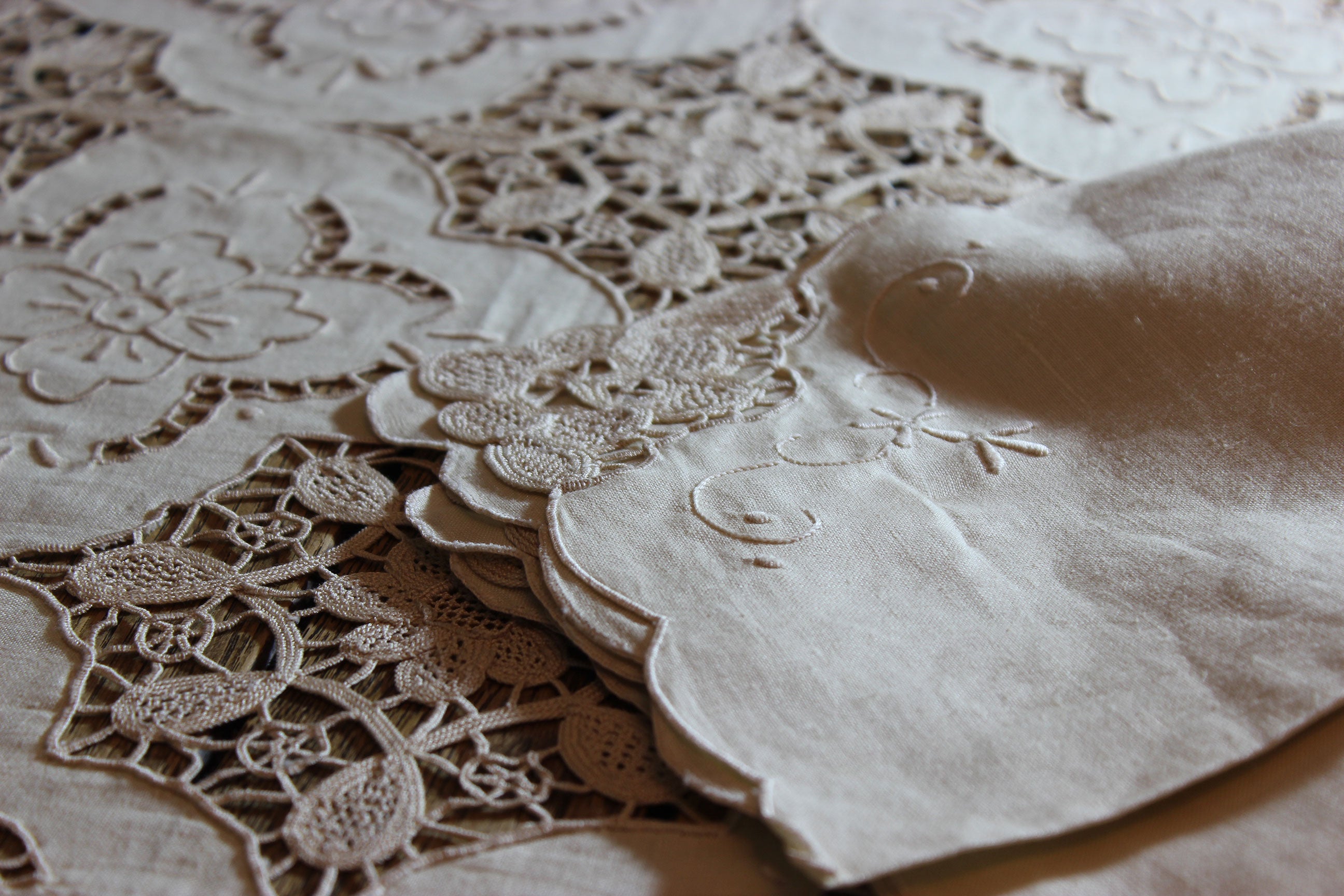 Hand Stitched Linen and Lace Tablecloth with Matching Napkins