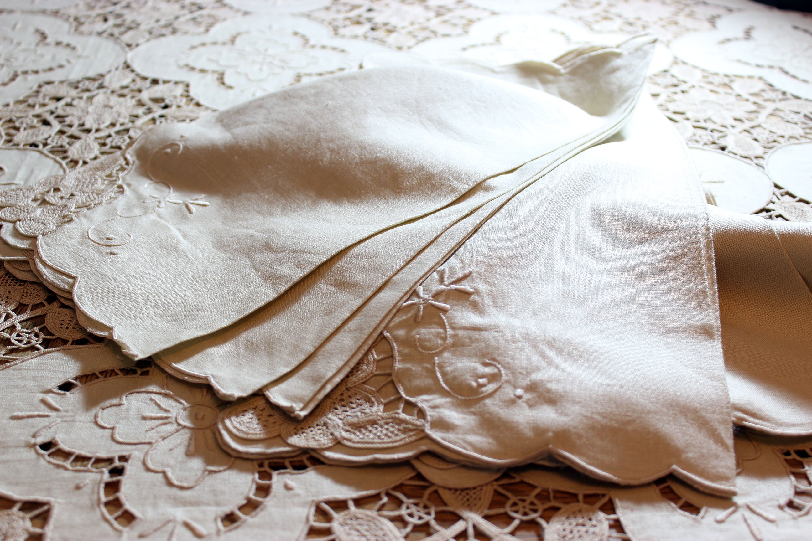 Hand Stitched Linen and Lace Tablecloth with Matching Napkins