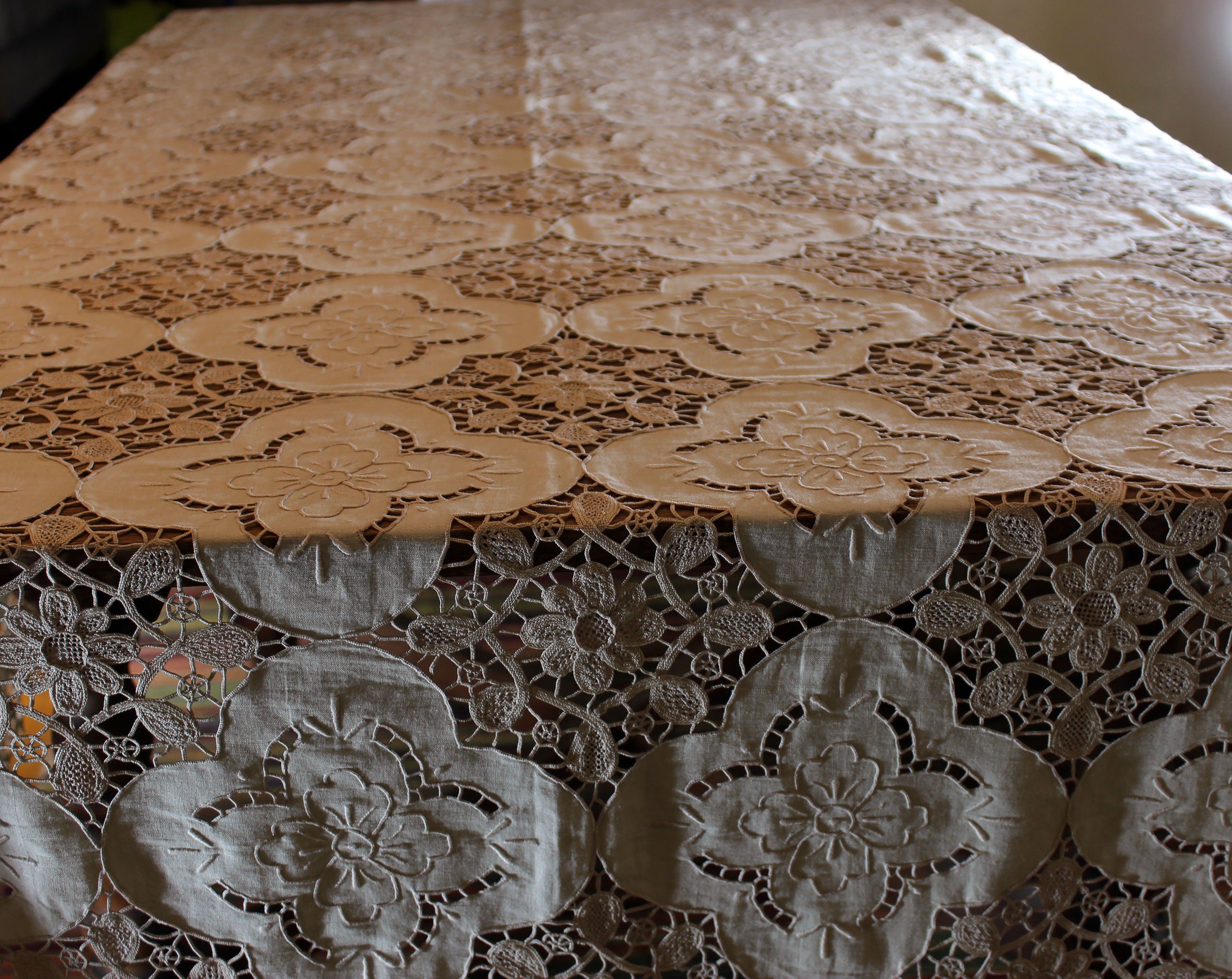Hand Stitched Linen and Lace Tablecloth with Matching Napkins