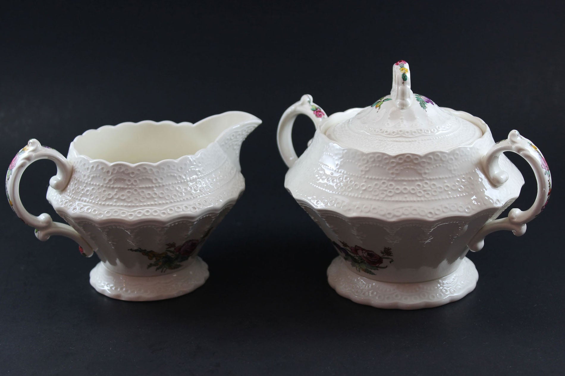 Spode Heath and Rose Teapot, Cream and Sugar Bowl