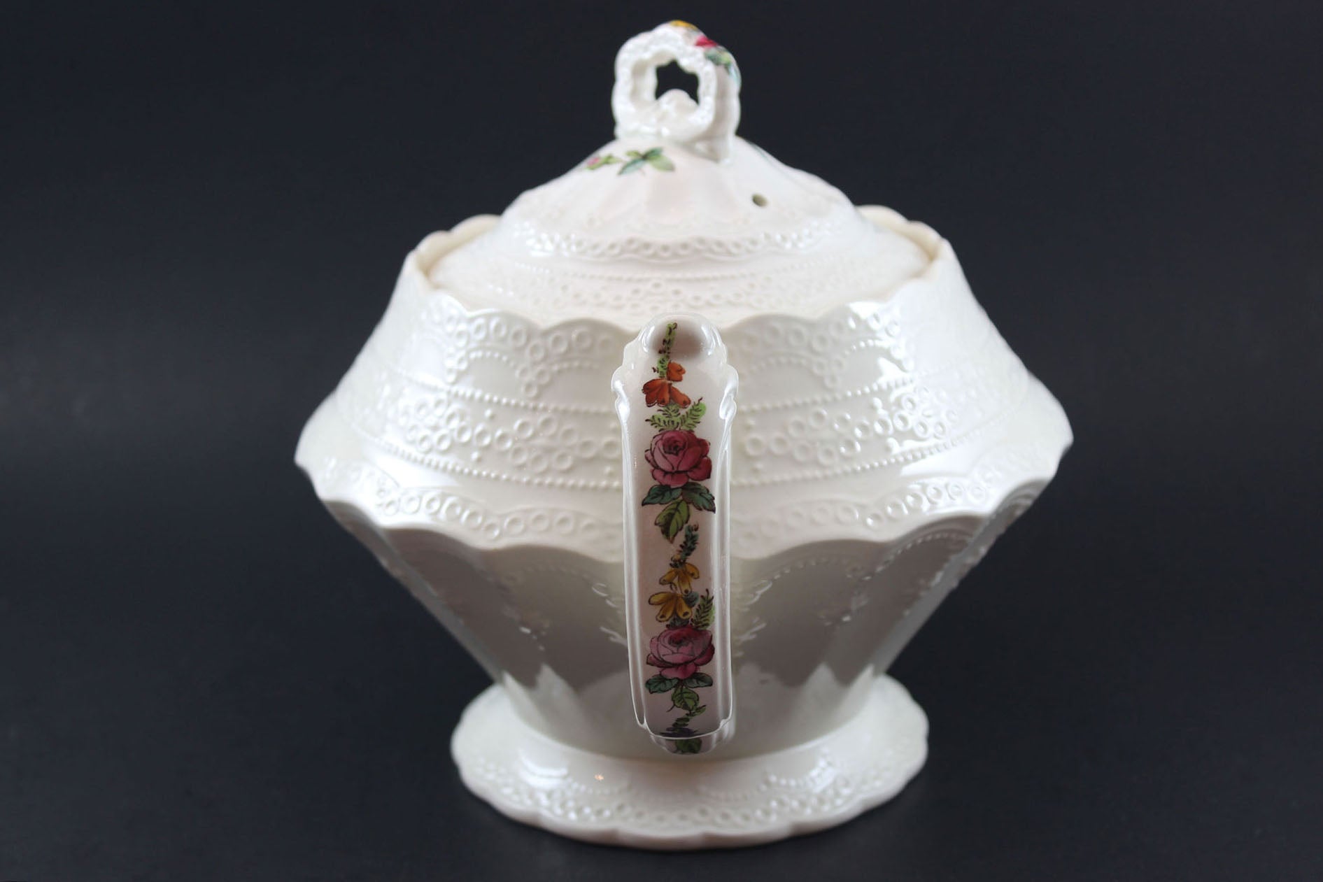 Spode Heath and Rose Teapot, Cream and Sugar Bowl