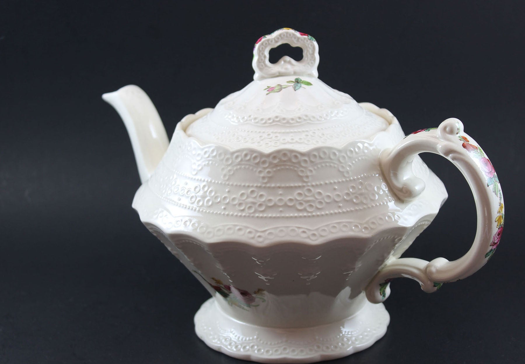 Spode Heath and Rose Teapot, Cream and Sugar Bowl
