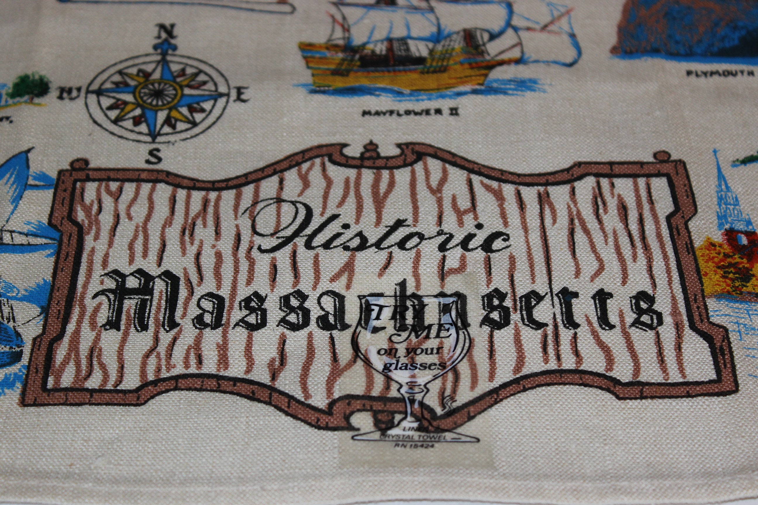 Souvenir Linen Tea Towel, Historic Massachusetts