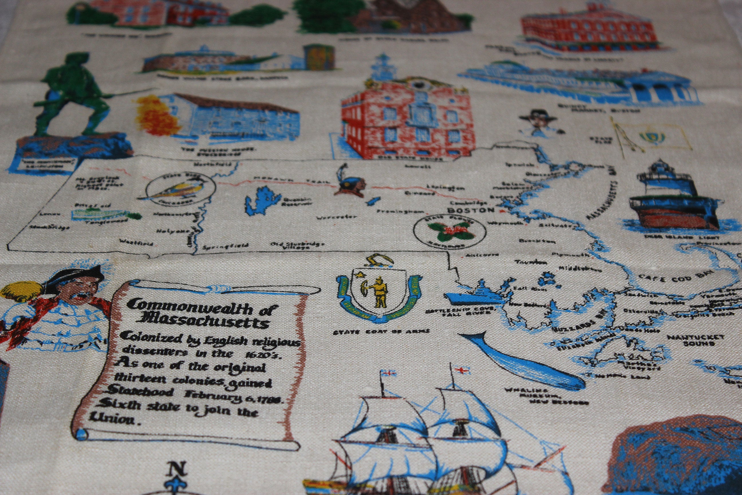 Souvenir Linen Tea Towel, Historic Massachusetts