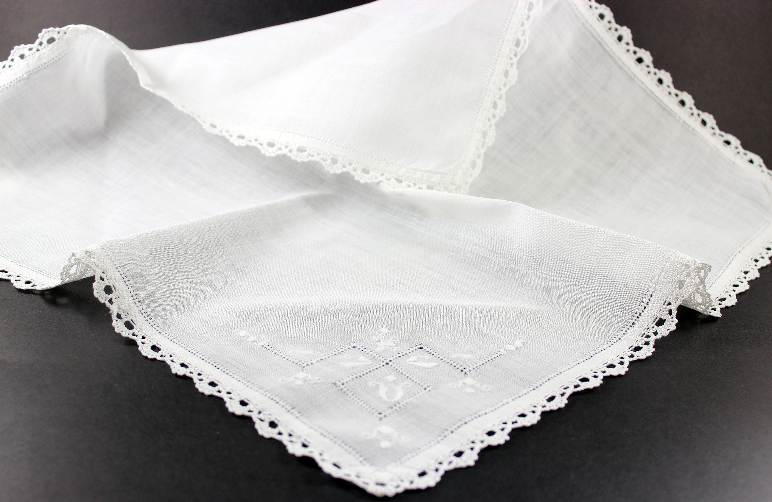 Linen Napkins, Lace Edged with Drawn Thread & Whitework Embroidery