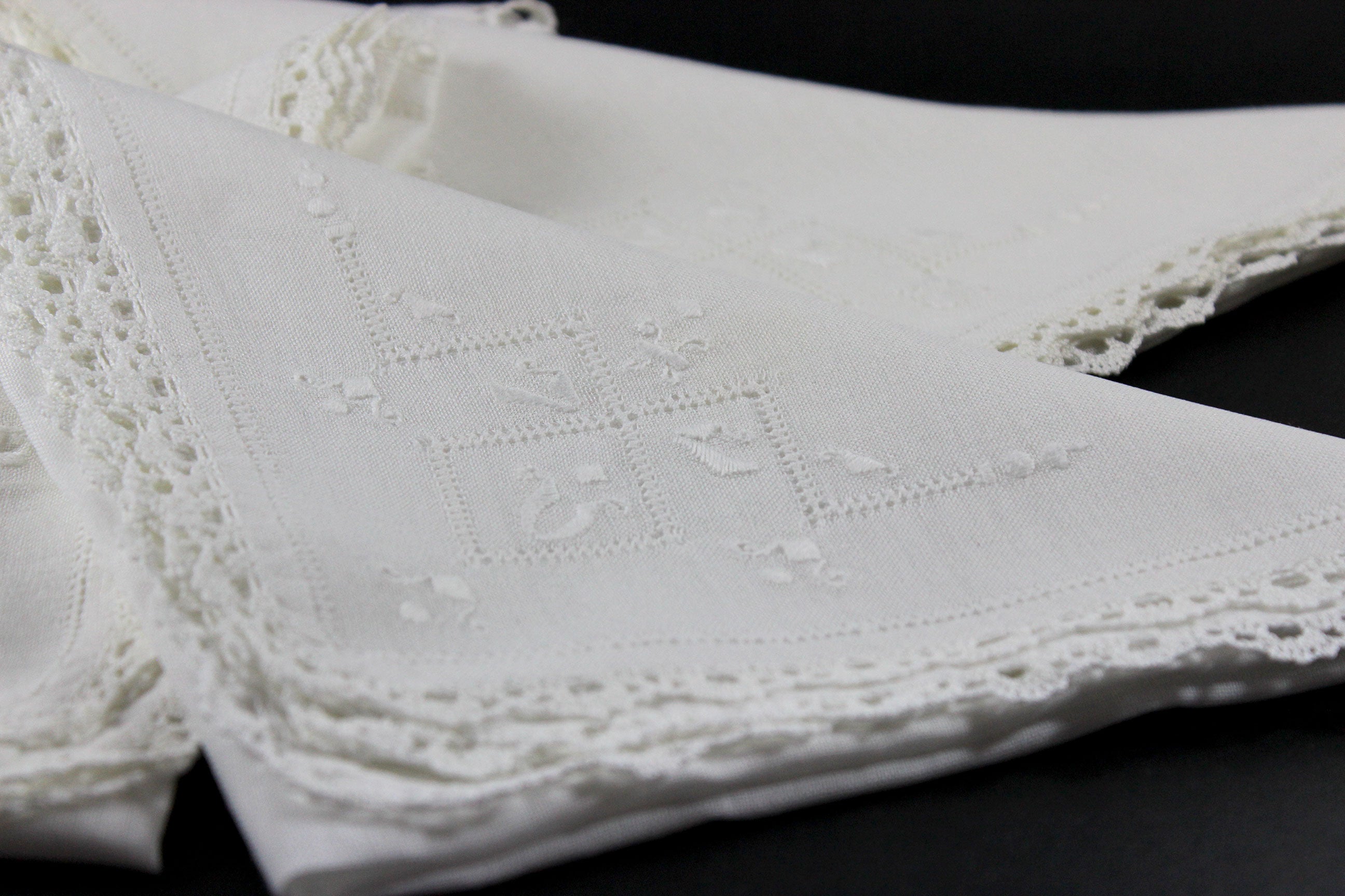 Linen Napkins, Lace Edged with Drawn Thread & Whitework Embroidery