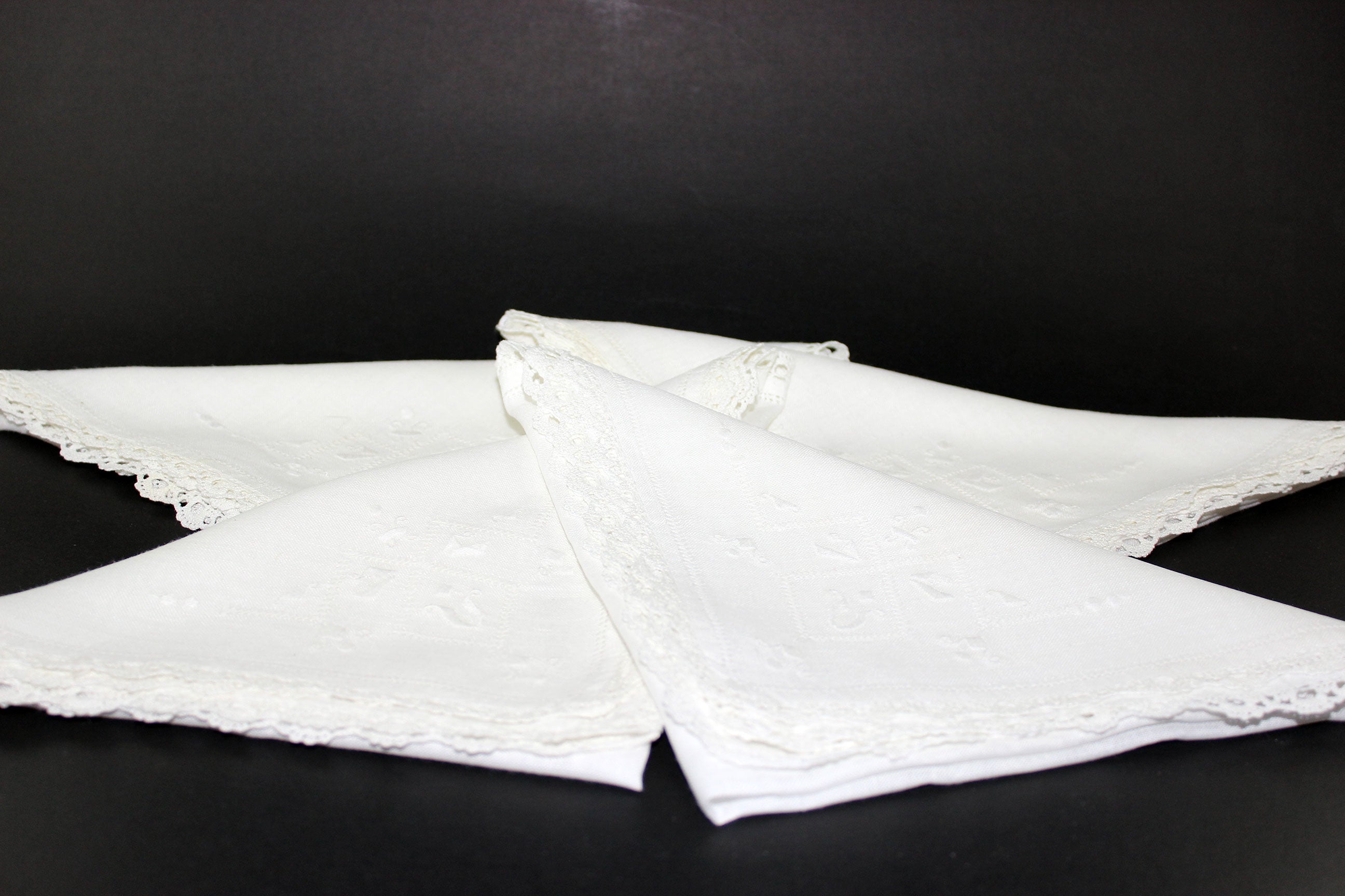 Linen Napkins, Lace Edged with Drawn Thread & Whitework Embroidery