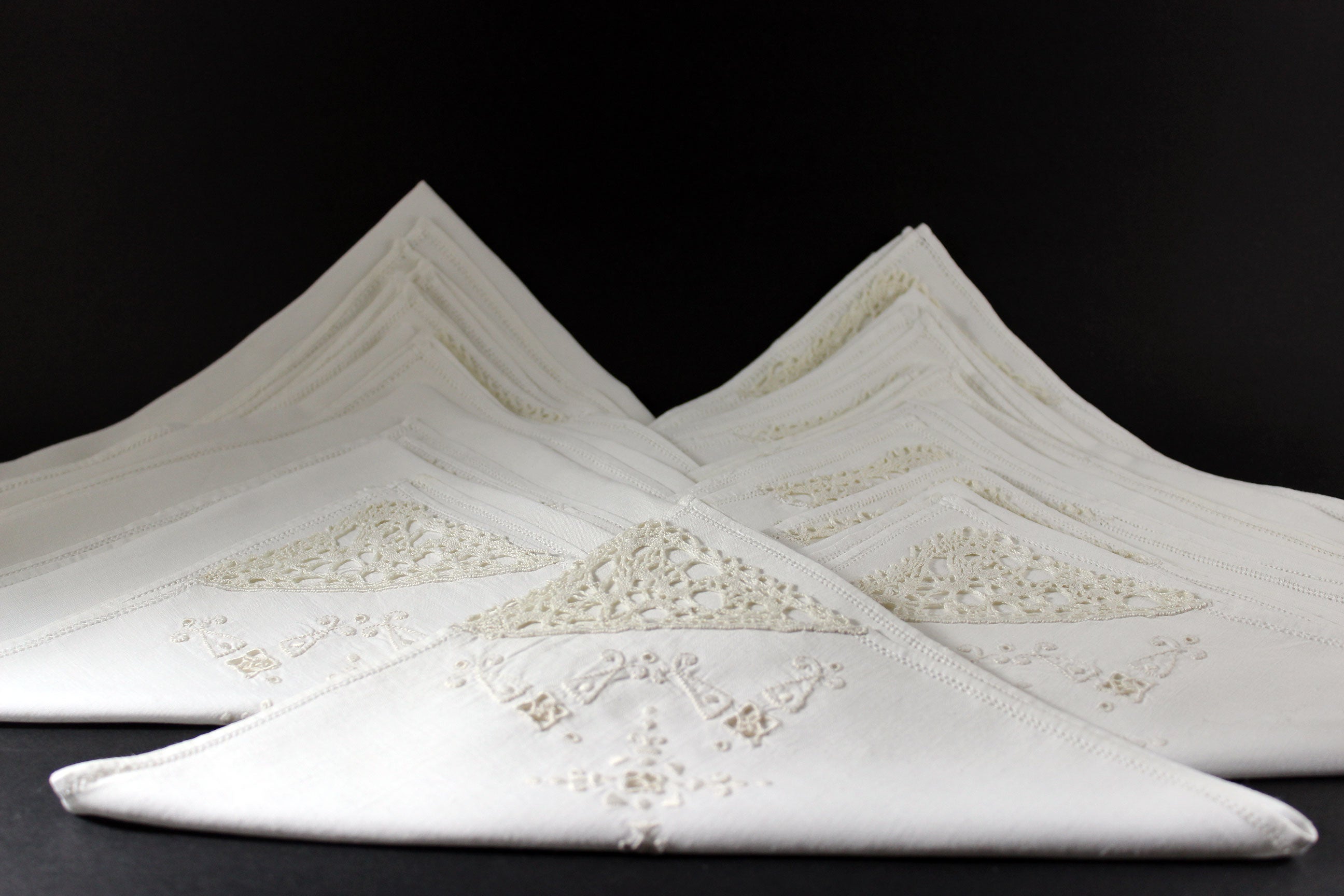 Vintage Linen, Lace and Hardanger Embroidered Dinner Napkins