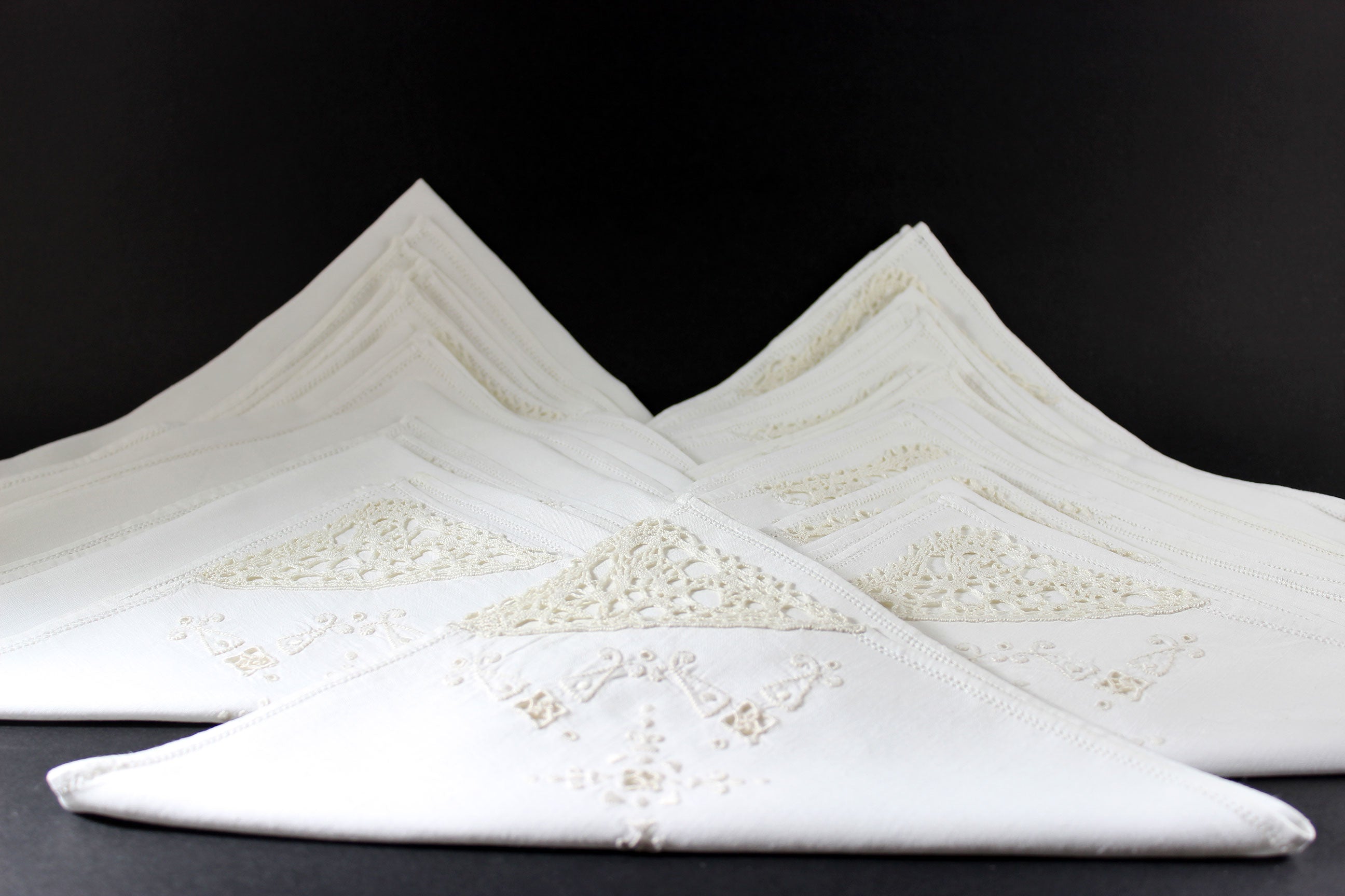 Vintage Linen, Lace and Hardanger Embroidered Dinner Napkins