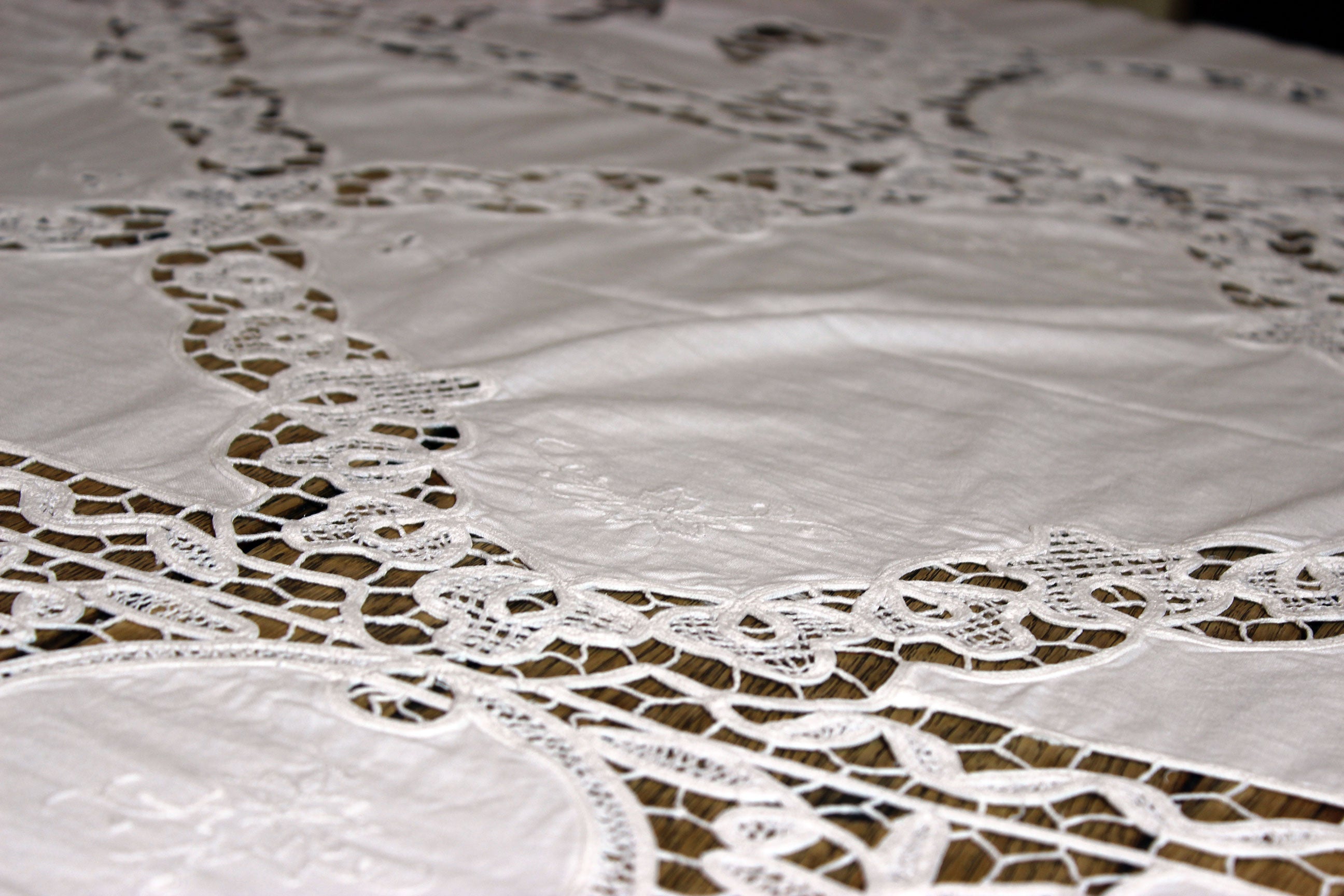 Hand Stitched Linen and Battenberg Lace Tablecloth