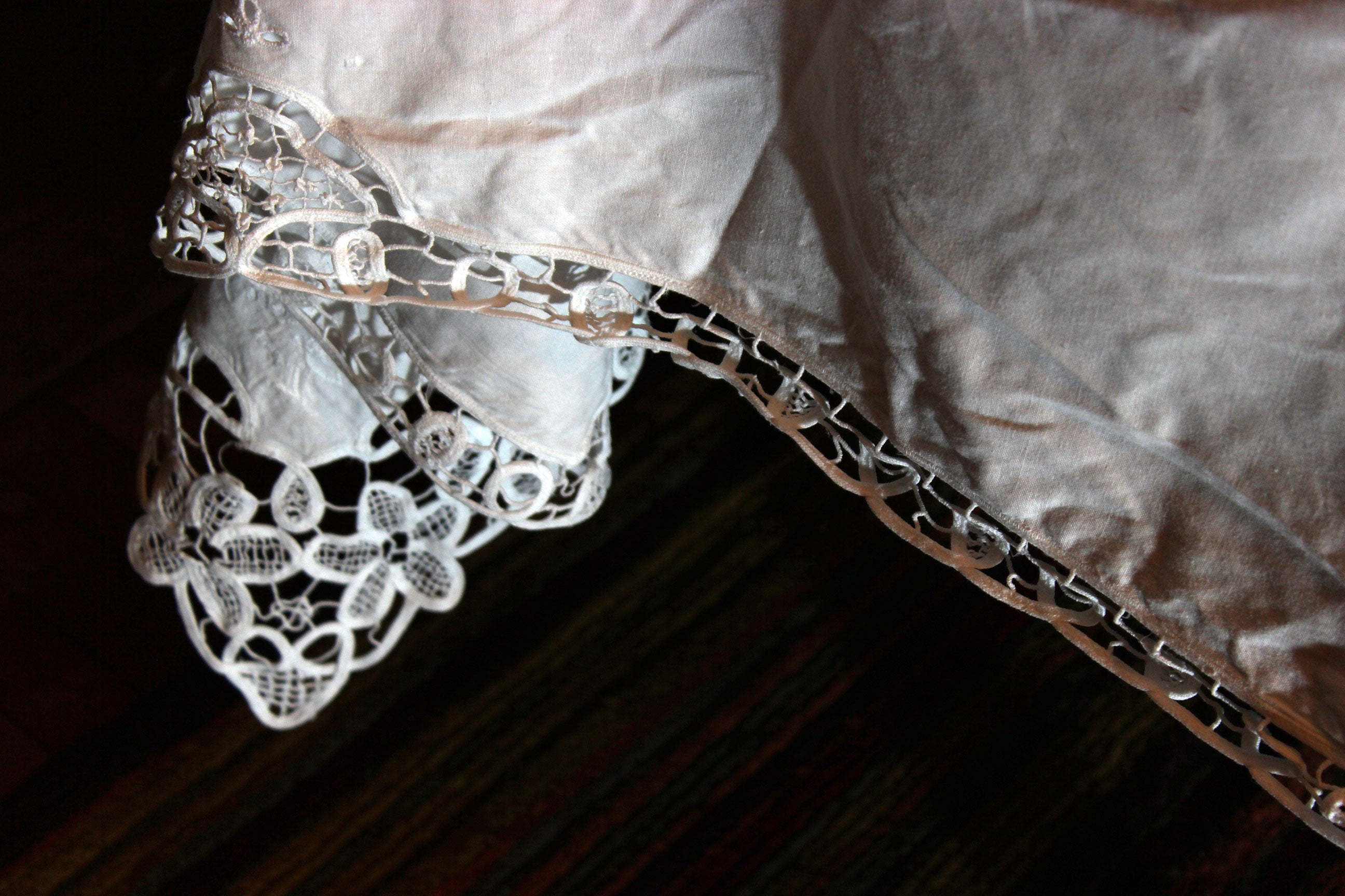 Hand Stitched Linen and Battenberg Lace Tablecloth