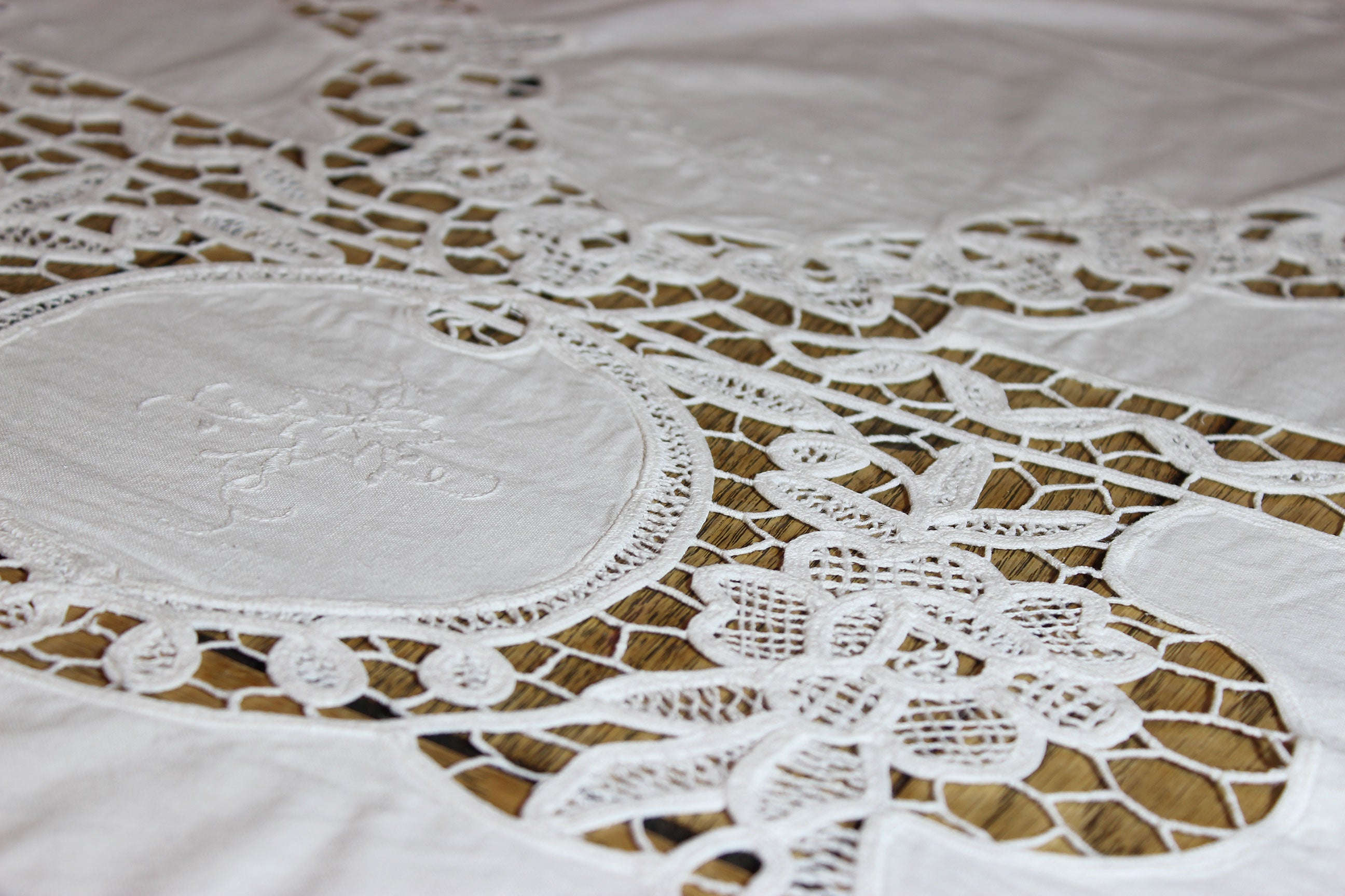 Hand Stitched Linen and Battenberg Lace Tablecloth