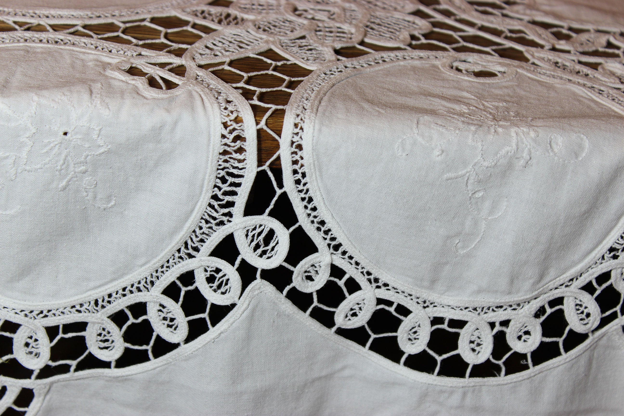 Hand Stitched Linen and Battenberg Lace Tablecloth