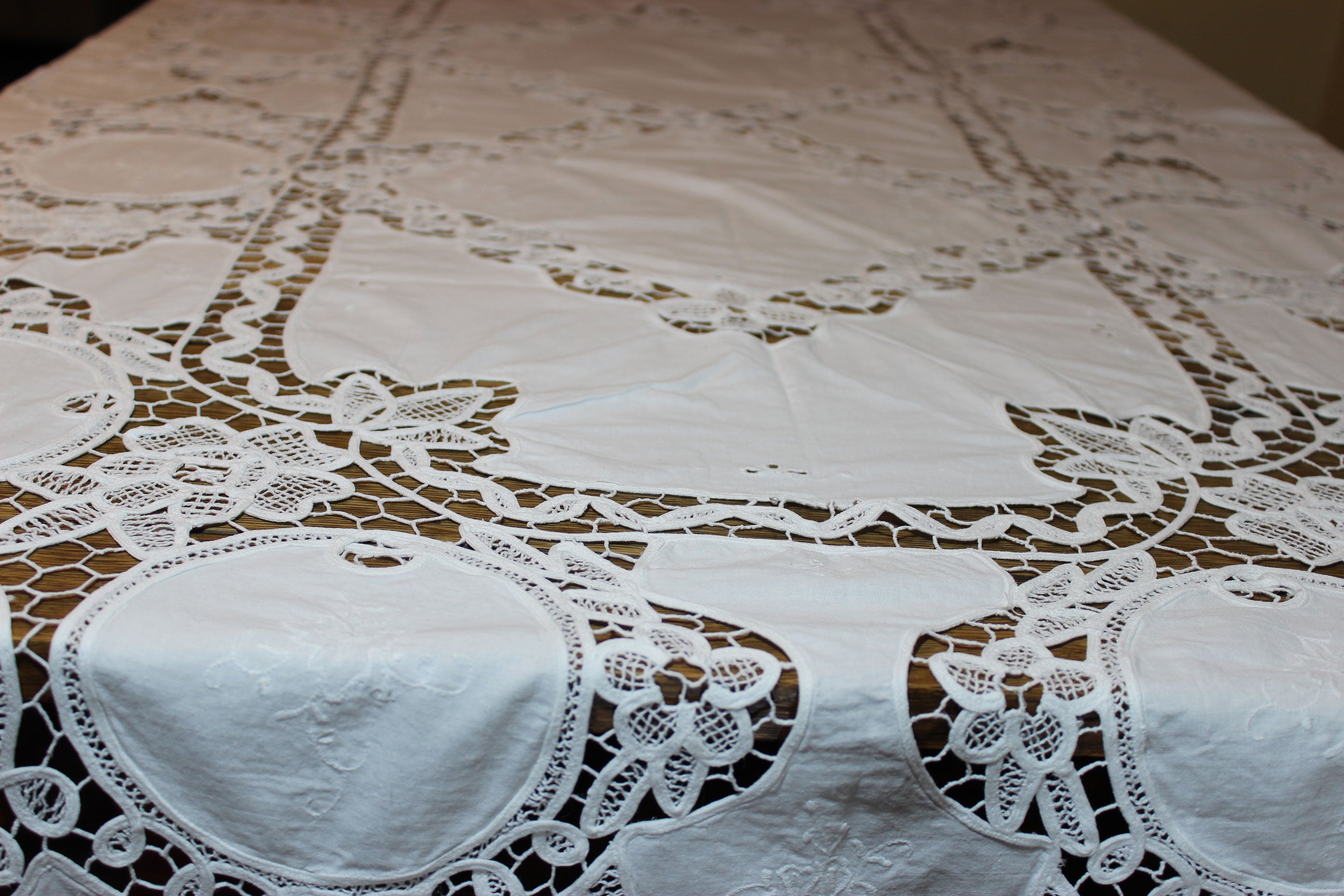 Hand Stitched Linen and Battenberg Lace Tablecloth