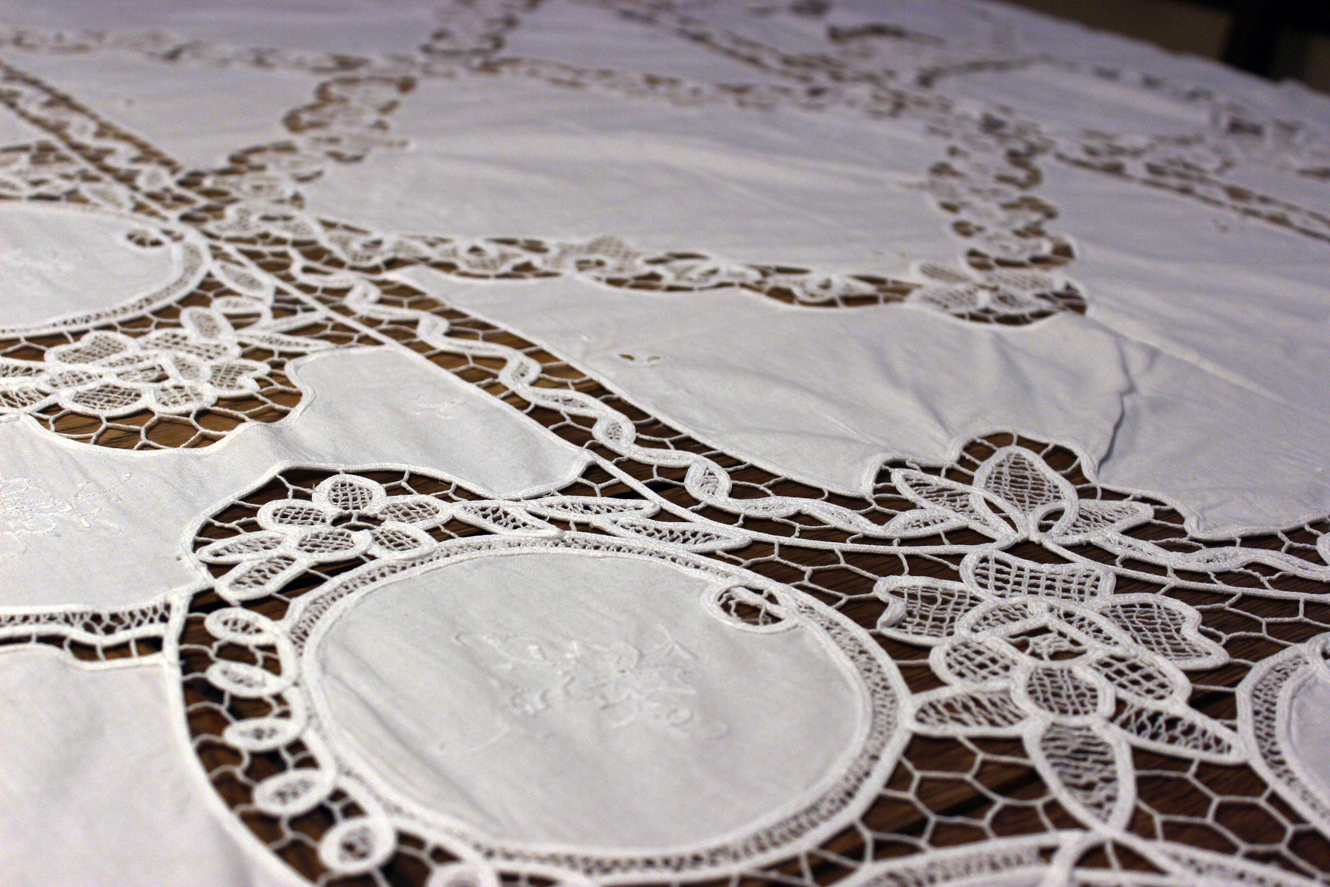 Hand Stitched Linen and Battenberg Lace Tablecloth