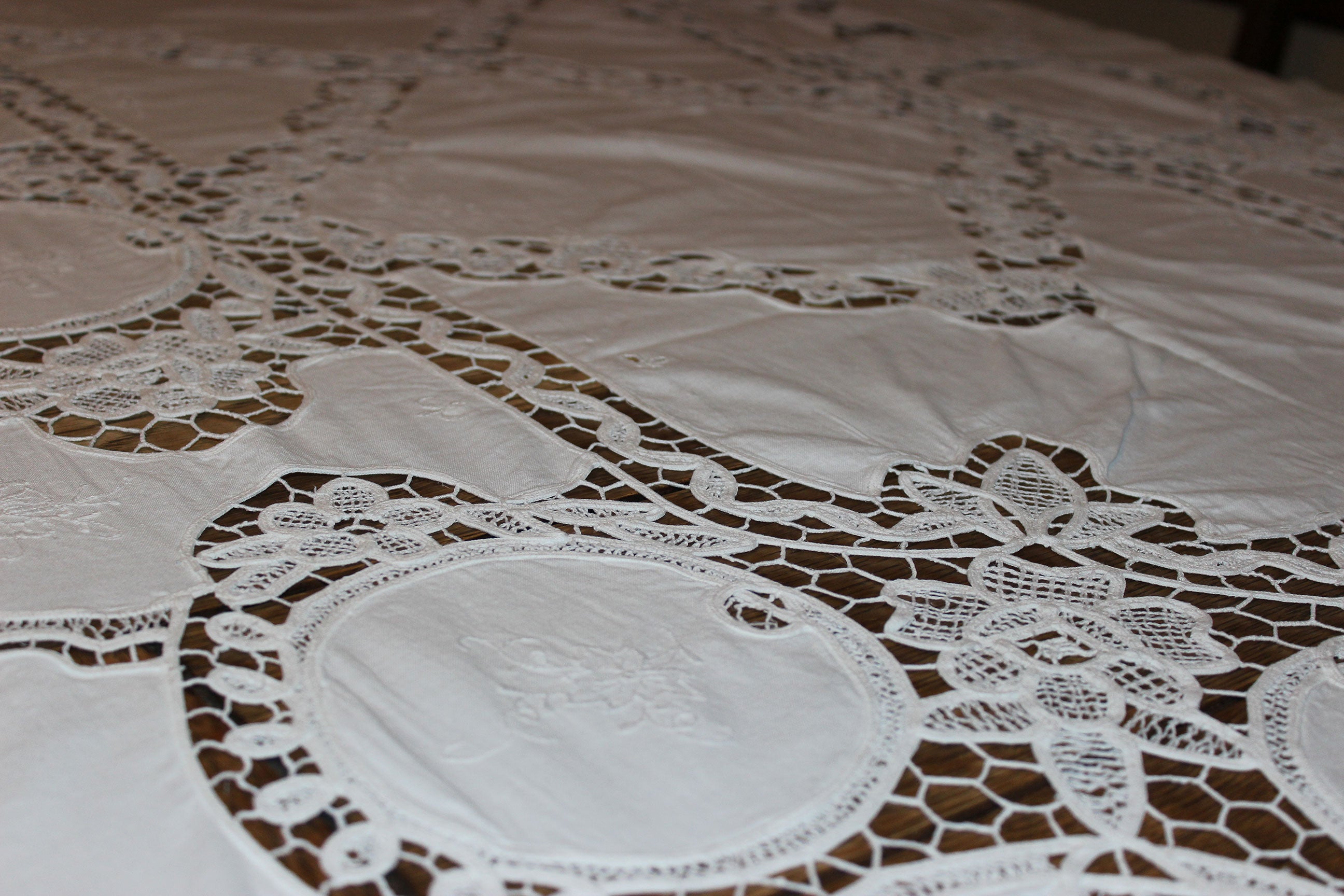 Hand Stitched Linen and Battenberg Lace Tablecloth