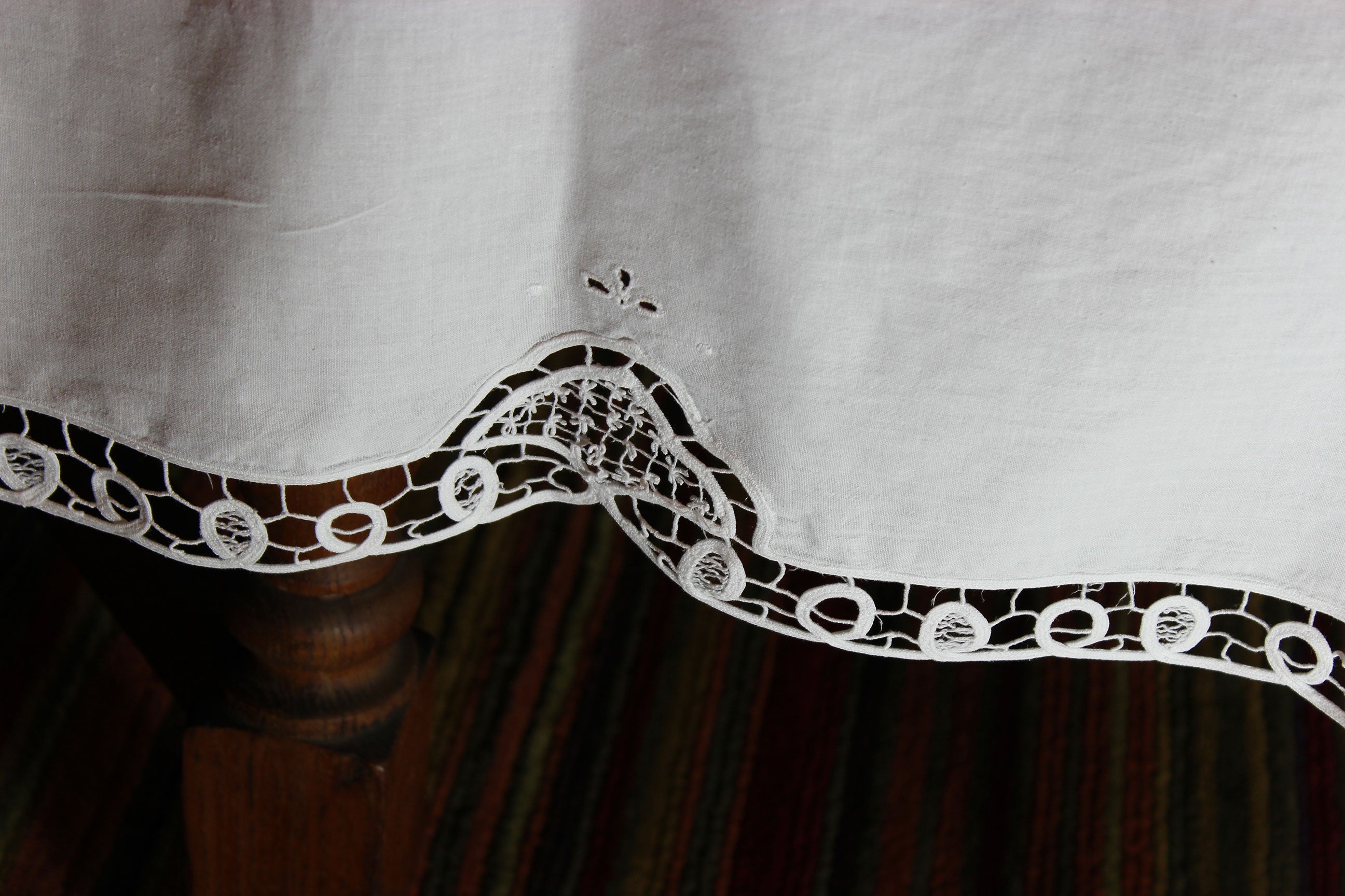 Hand Stitched Linen and Battenberg Lace Tablecloth