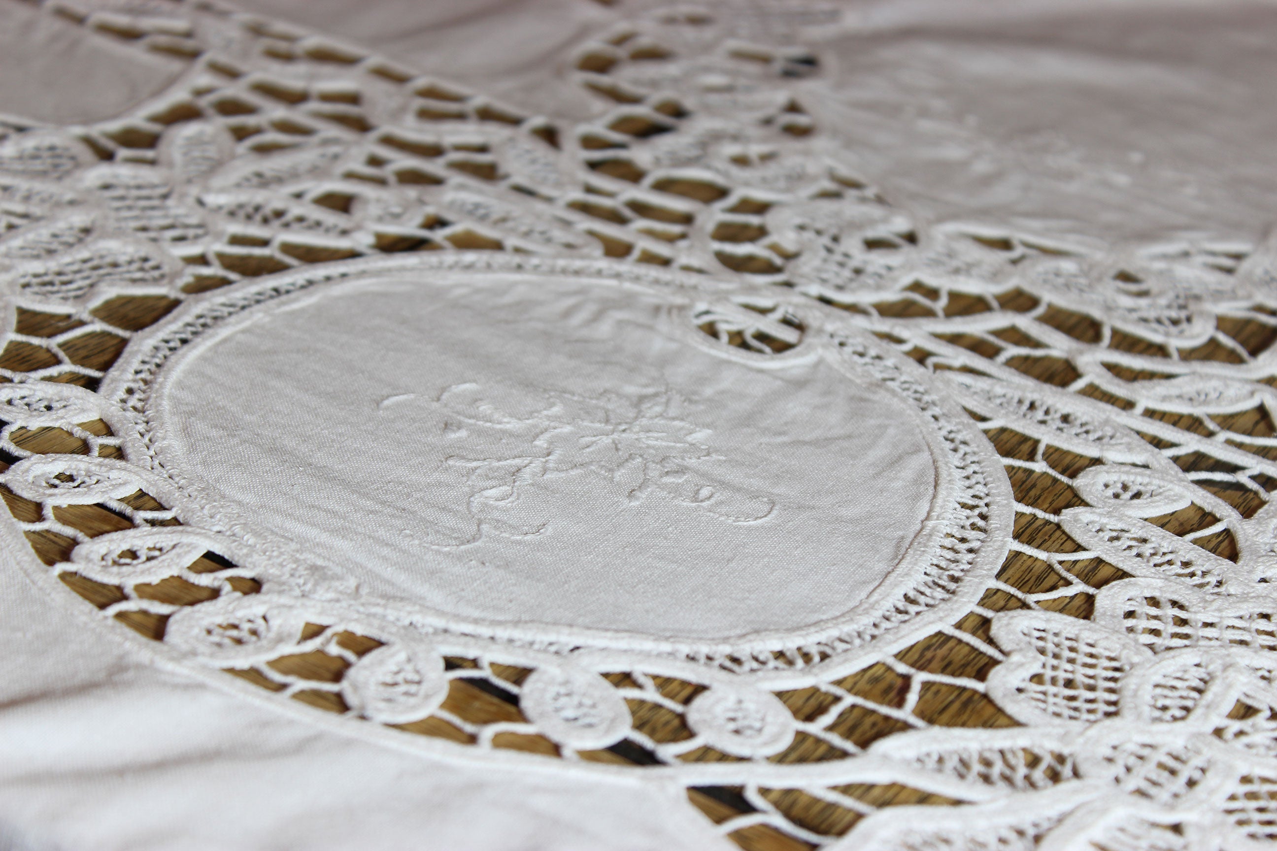 Hand Stitched Linen and Battenberg Lace Tablecloth