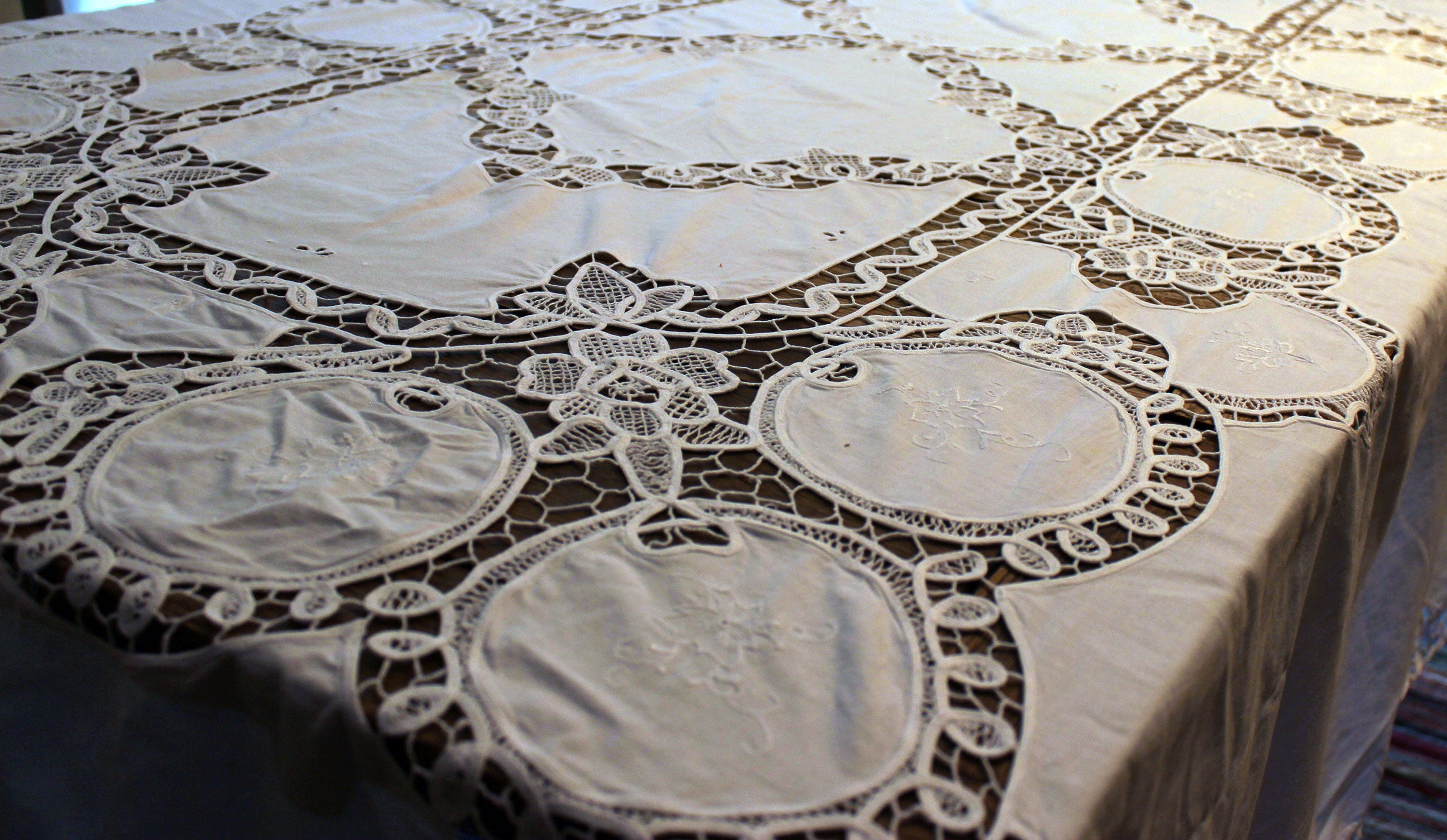 Hand Stitched Linen and Battenberg Lace Tablecloth