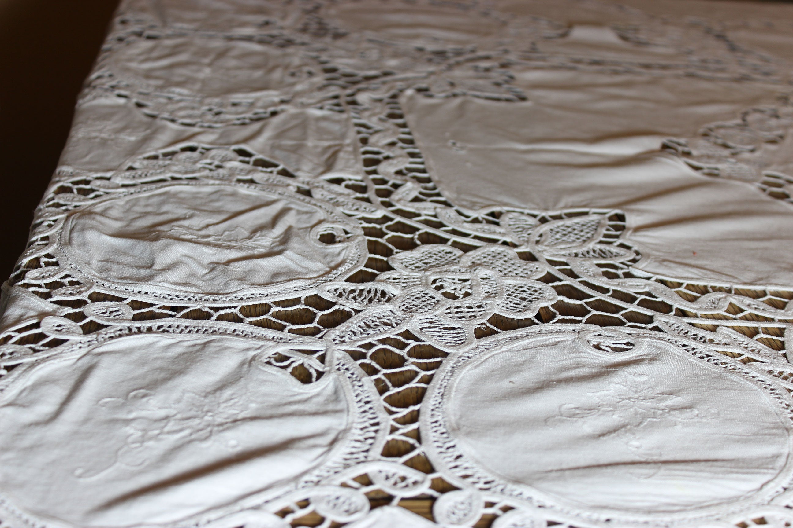 Hand Stitched Linen and Battenberg Lace Tablecloth