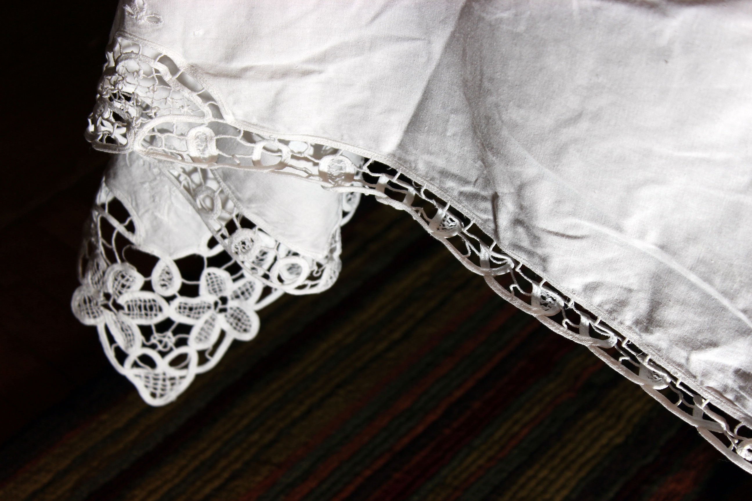 Hand Stitched Linen and Battenberg Lace Tablecloth