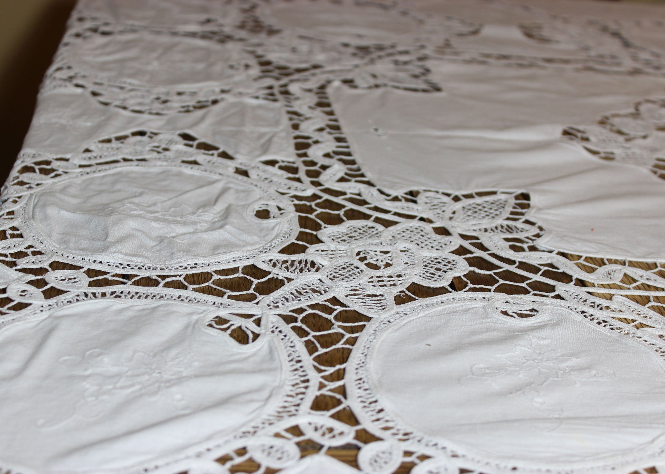 Hand Stitched Linen and Battenberg Lace Tablecloth