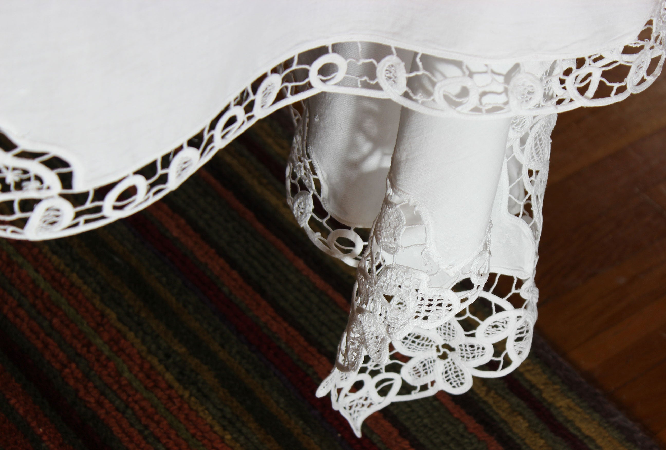 Hand Stitched Linen and Battenberg Lace Tablecloth