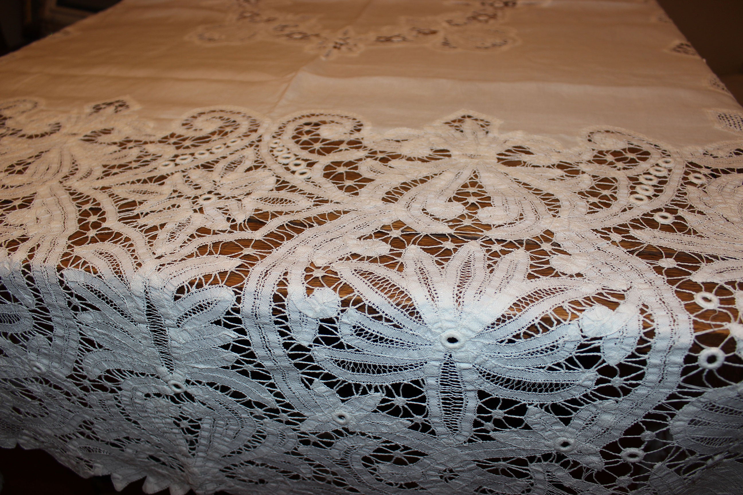 Close-up of intricate lace fabric with detailed patterns on a wooden surface.