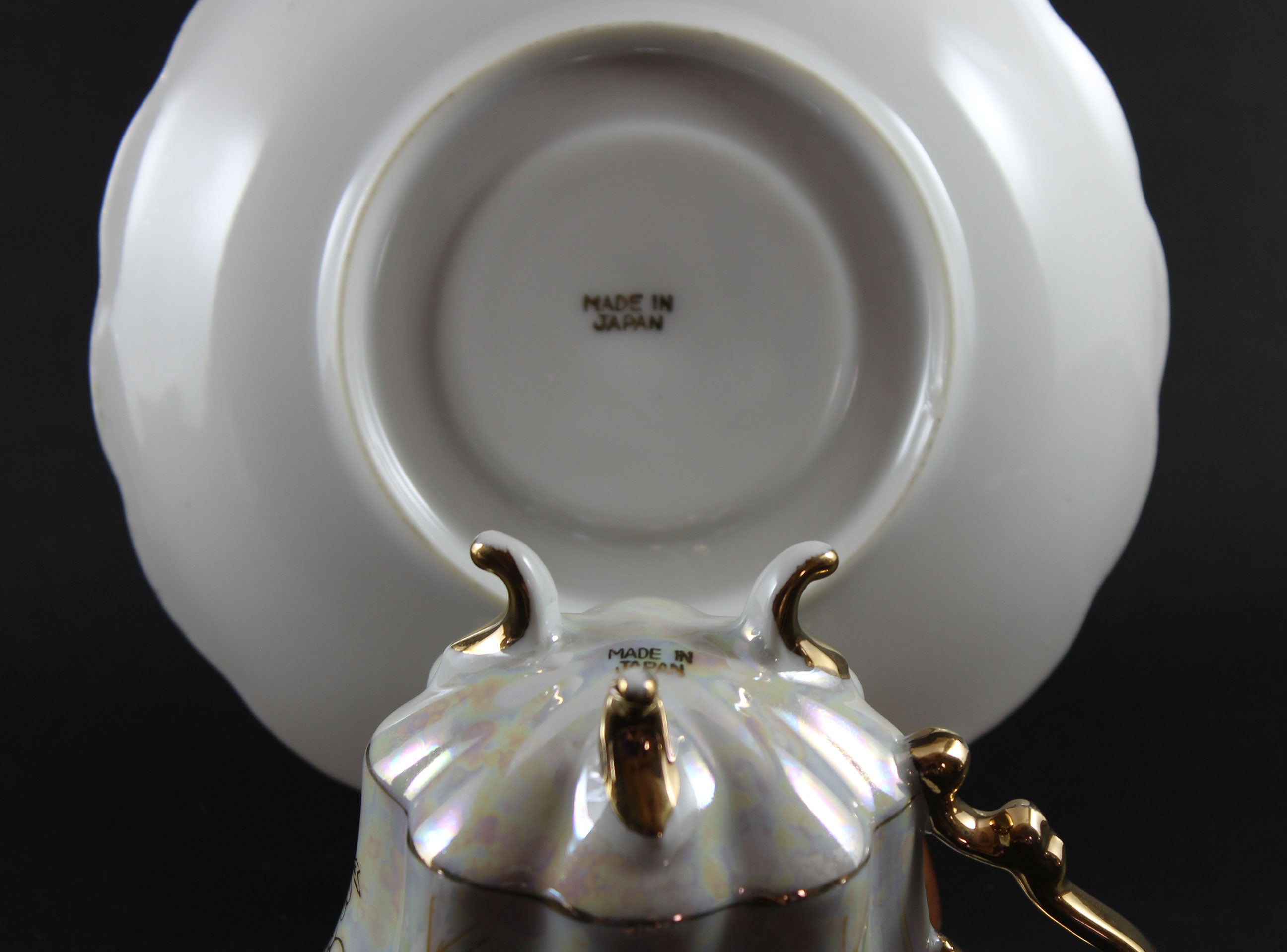 Tri-Footed Floral Lustreware, Teacup and Saucer, Made in Japan