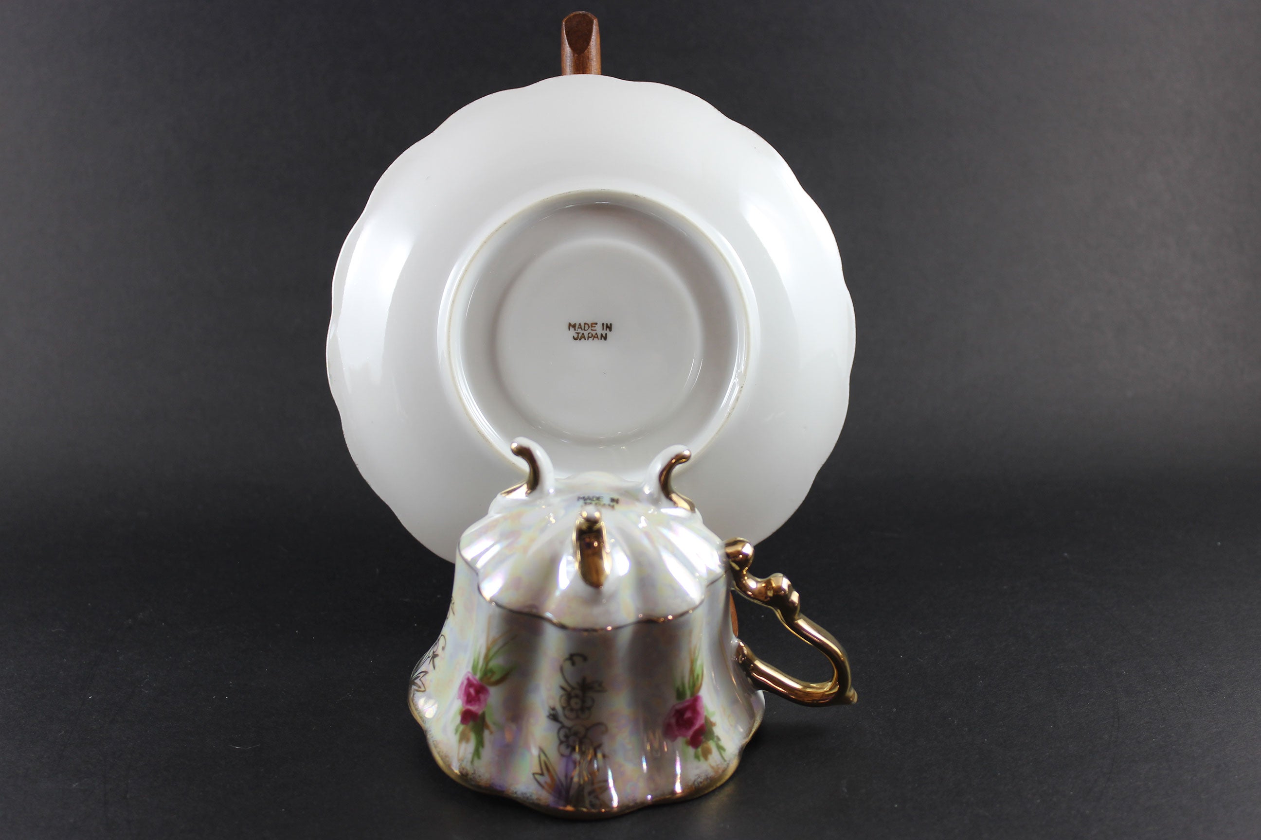 Tri-Footed Floral Lustreware, Teacup and Saucer, Made in Japan