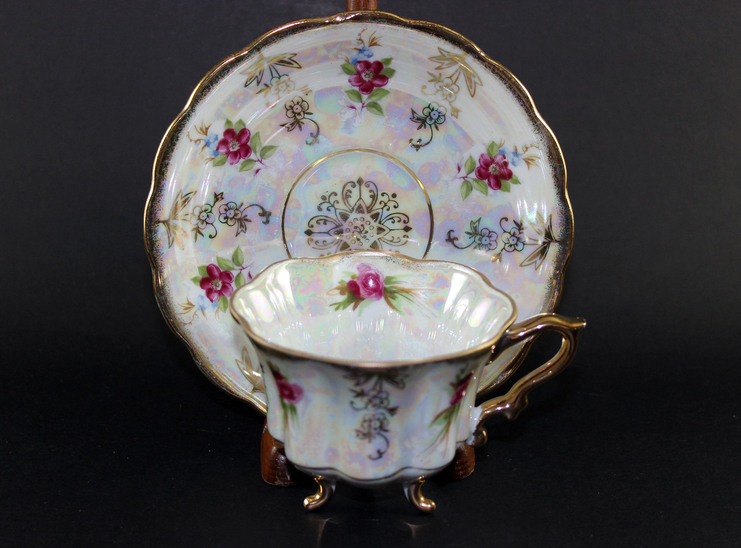 Tri-Footed Floral Lustreware, Teacup and Saucer, Made in Japan