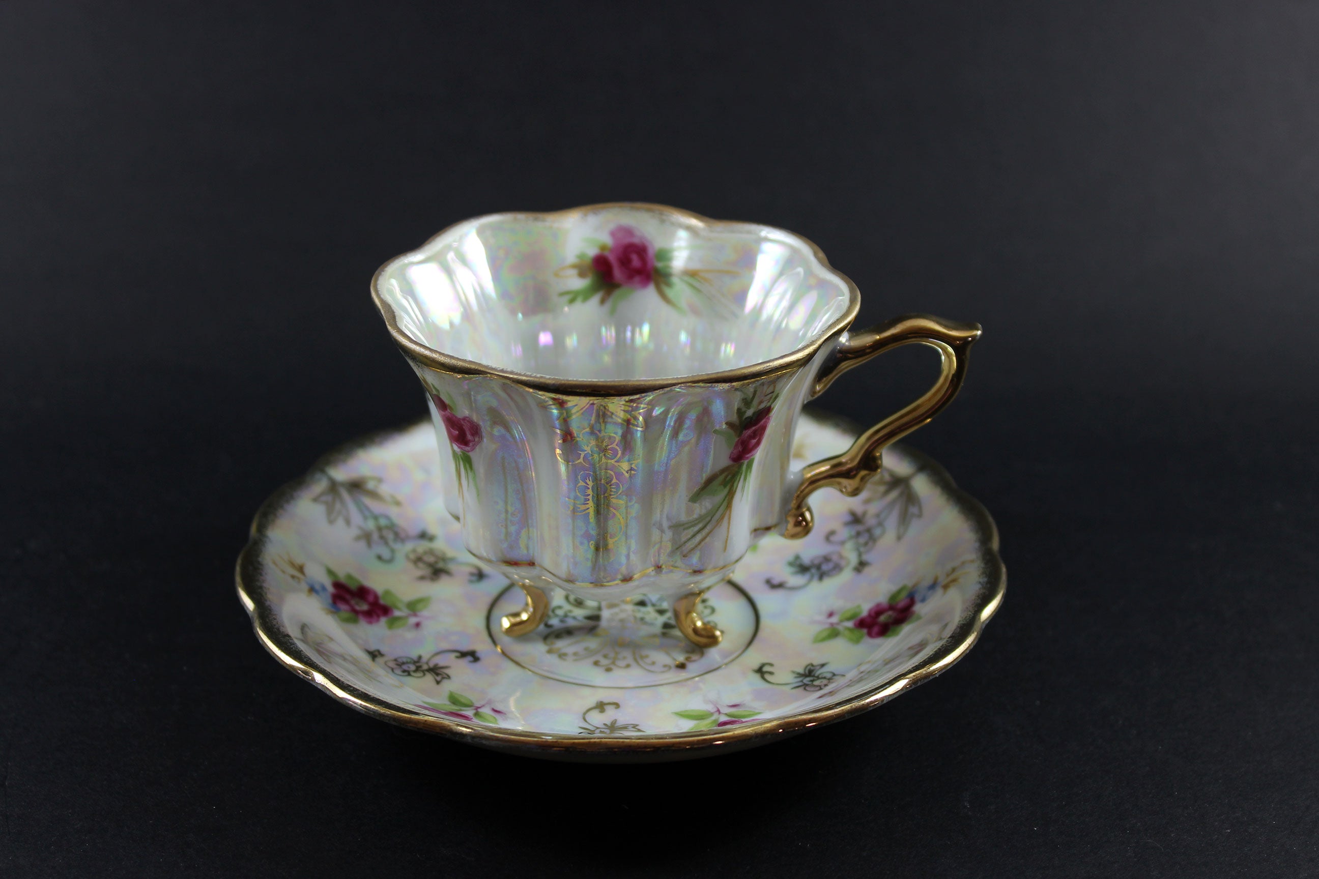 Tri-Footed Floral Lustreware, Teacup and Saucer, Made in Japan