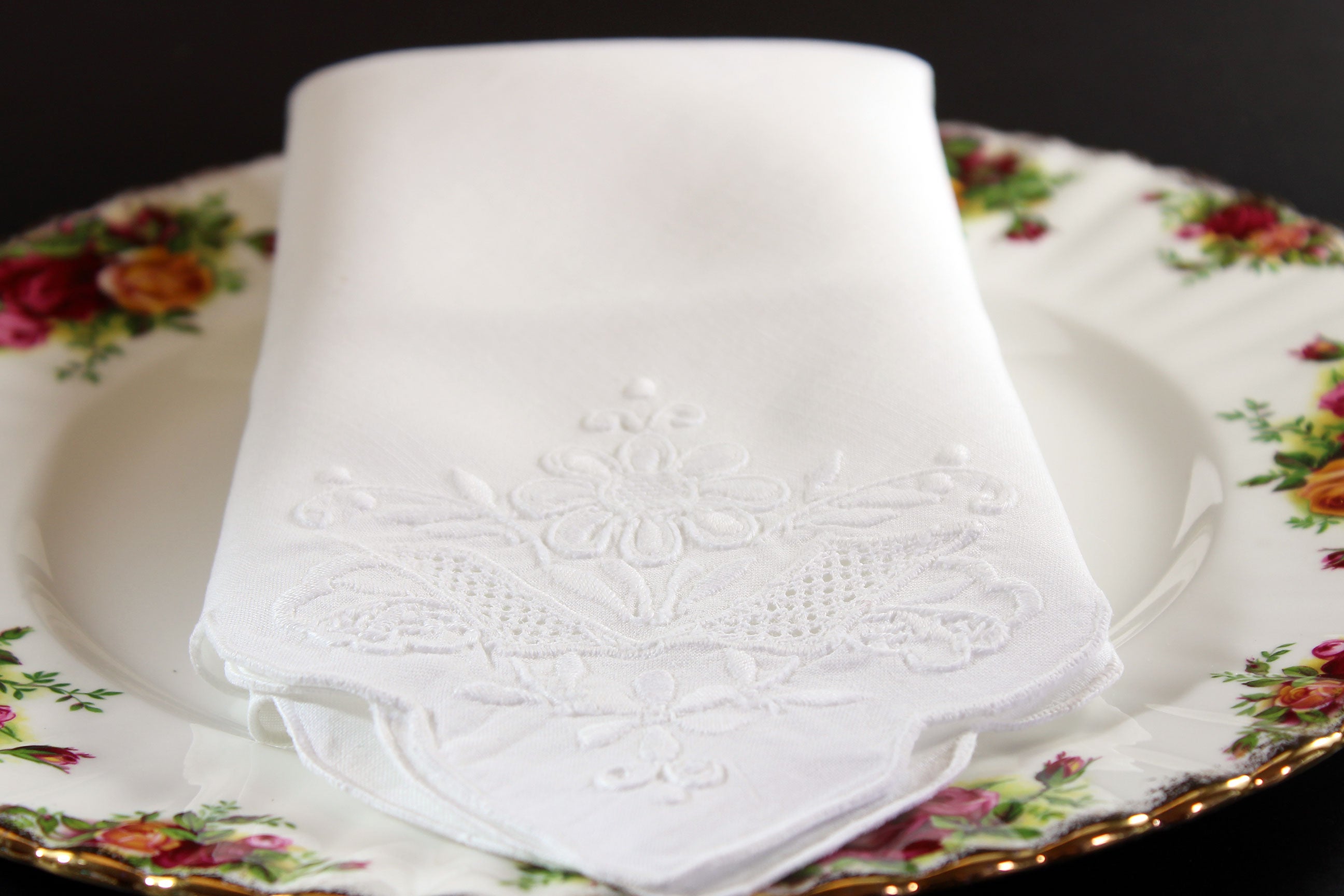 Madeira Hand Embroidered Floral Linen Napkins, White