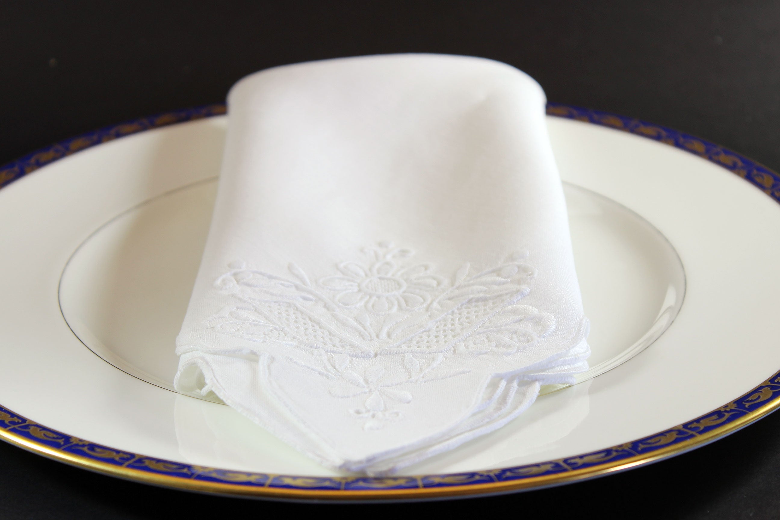 Madeira Hand Embroidered Floral Linen Napkins, White