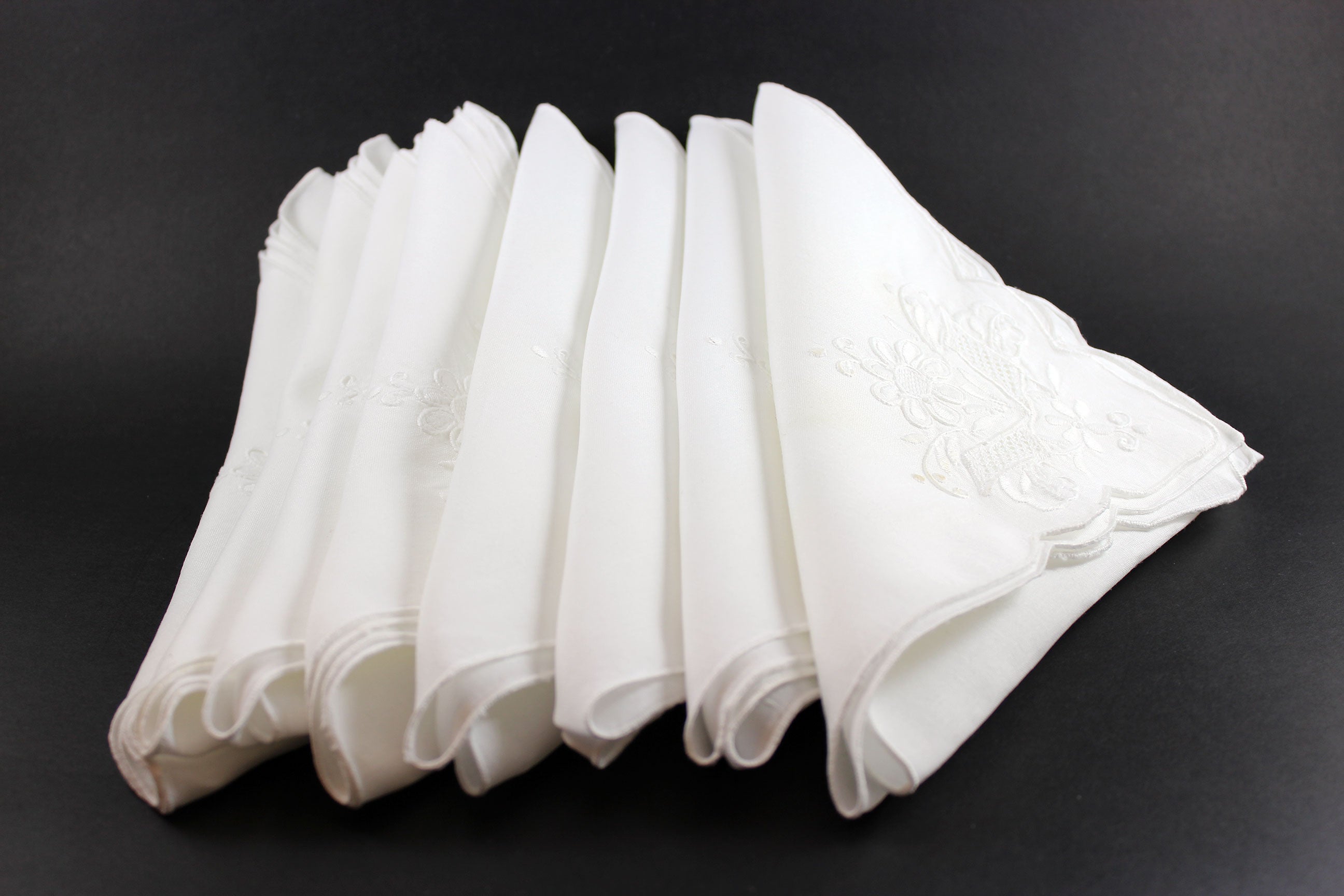 Madeira Hand Embroidered Floral Linen Napkins, White